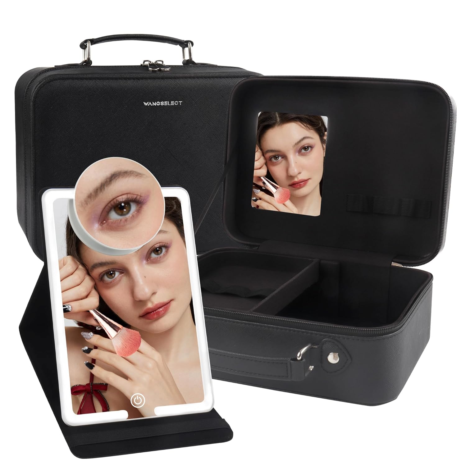 WangSelect Estuche de tren de maquillaje, organizador de bolsas de cosméticos con espejo de maquillaje iluminado plegable portátil y espejo de