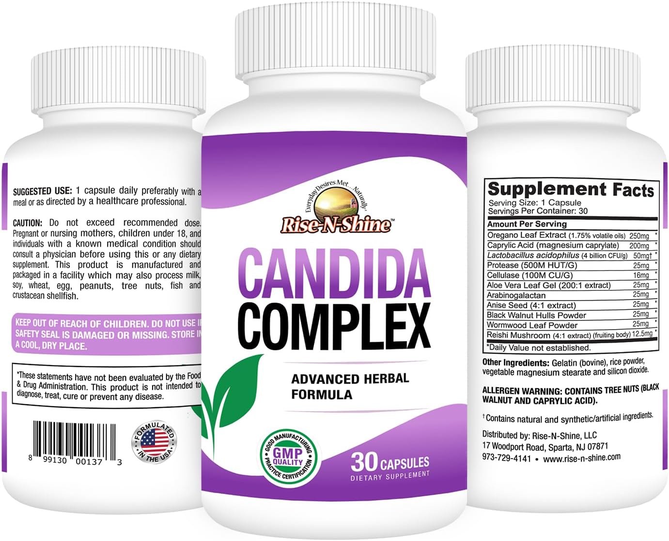 RISE-N-SHINE Cápsulas complejas Candida para niveles normales de Candida con orégano, ácido caprílico, hongos Reishi y más 30 unidades