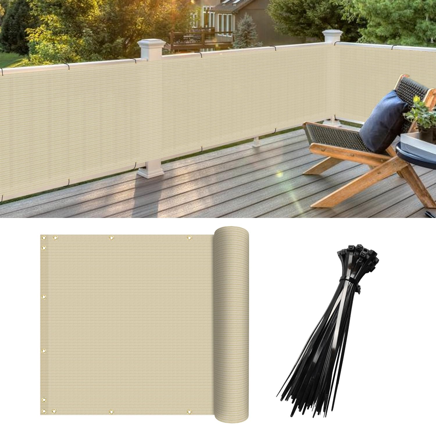 Cubierta para valla de privacidad de 3 x 50 pies, protección UV, para terraza, patio, piscina, porche, barandilla con bridas de cremallera, color
