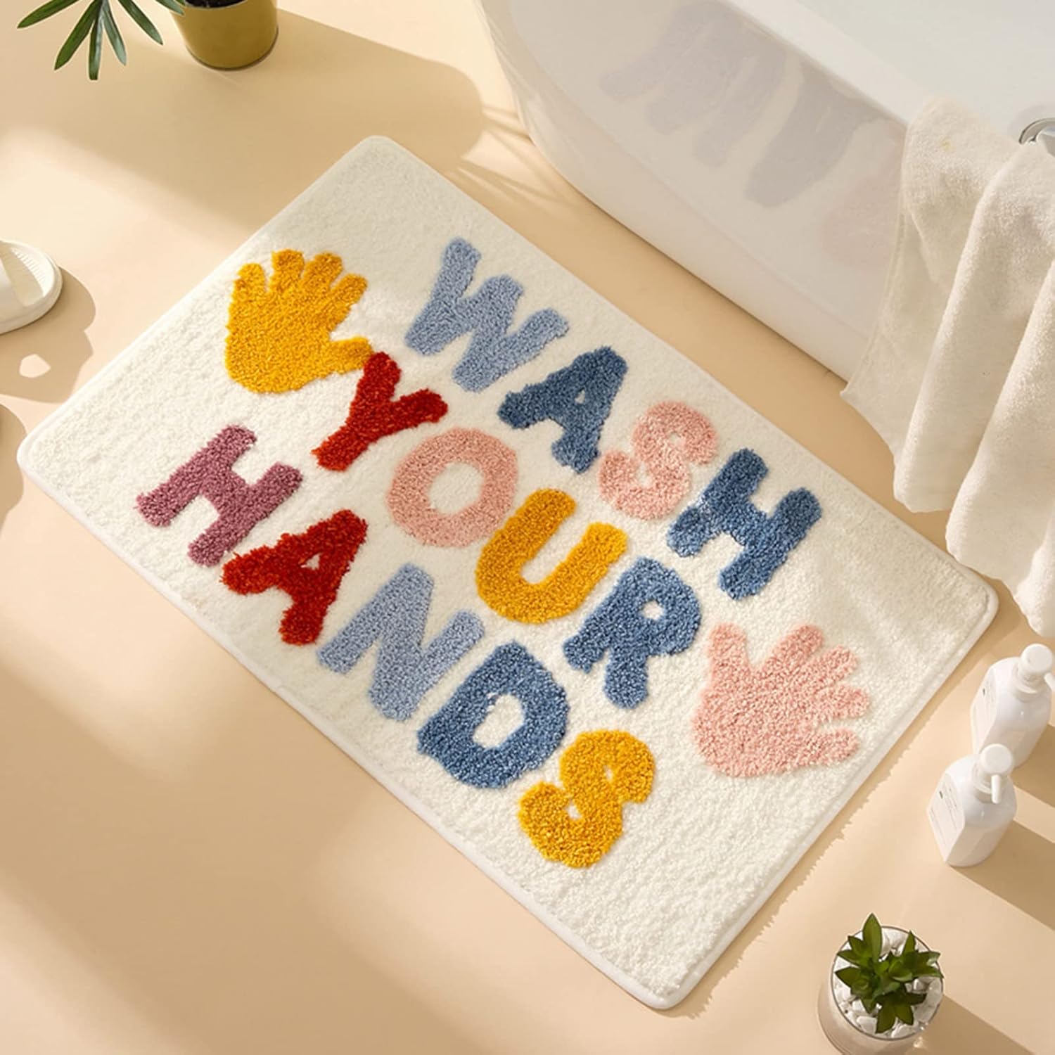 ChezMax Alfombra de baño con texto “Wash Your Hands”, de microfibra antideslizante, bonita alfombra de ducha absorbente, divertida decoración de