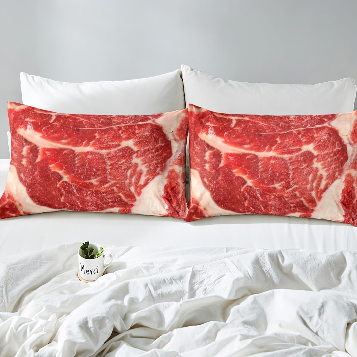 Feelyou Juego de sábanas de carne cruda tamaño King, sábanas de alimentos con bolsillo profundo, sábanas bajeras de Beaf para niños y niñas, juego