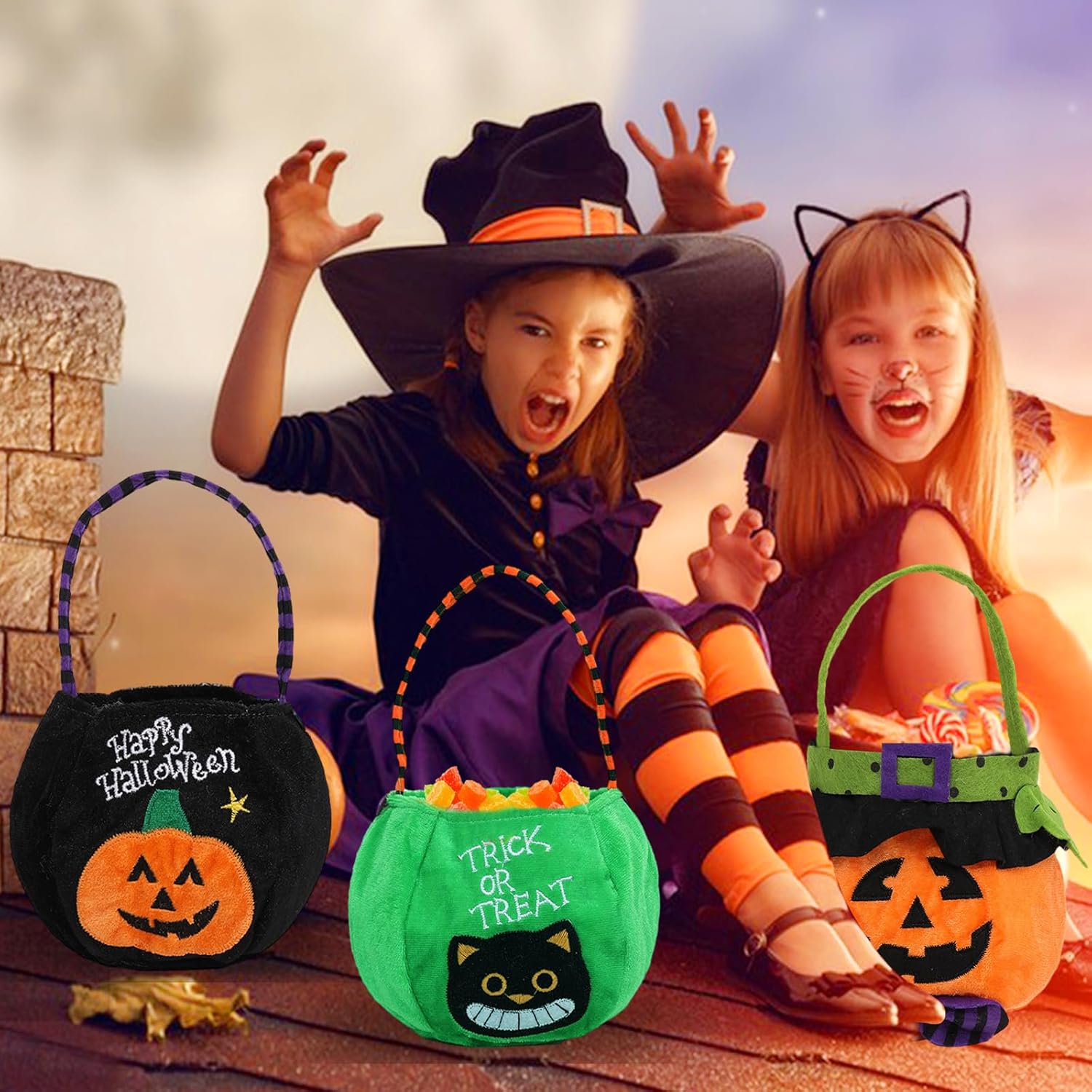 Bolsas de golosinas de Halloween para dulce o truco, bolsas de calabaza reutilizables, bolsas de lona para suministros de fiesta