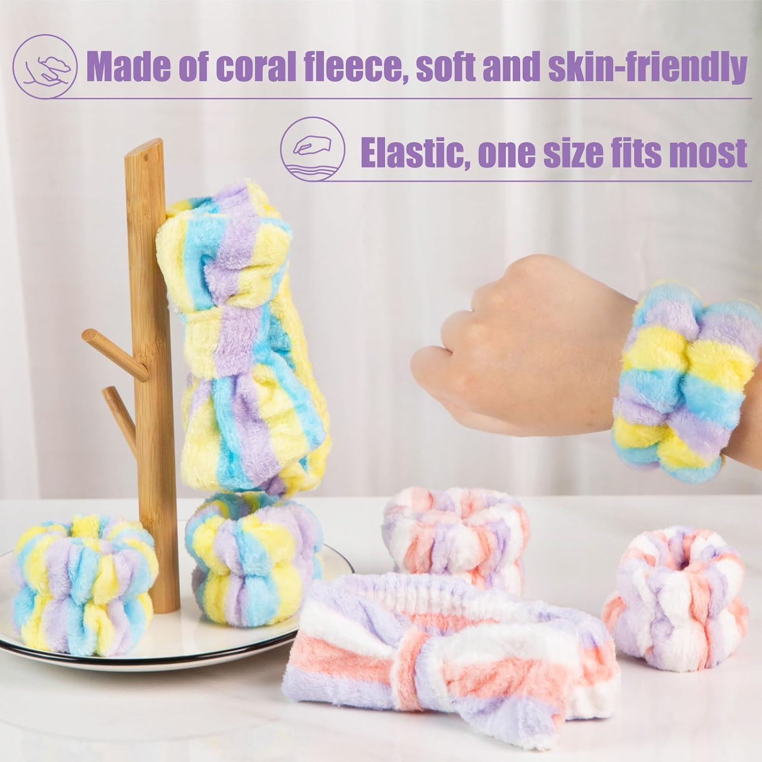 Shindel Juego de 6 diademas de lavado facial, diademas de maquillaje con pulseras de forro polar coral para mujeres, spa, cuidado de la piel, yoga