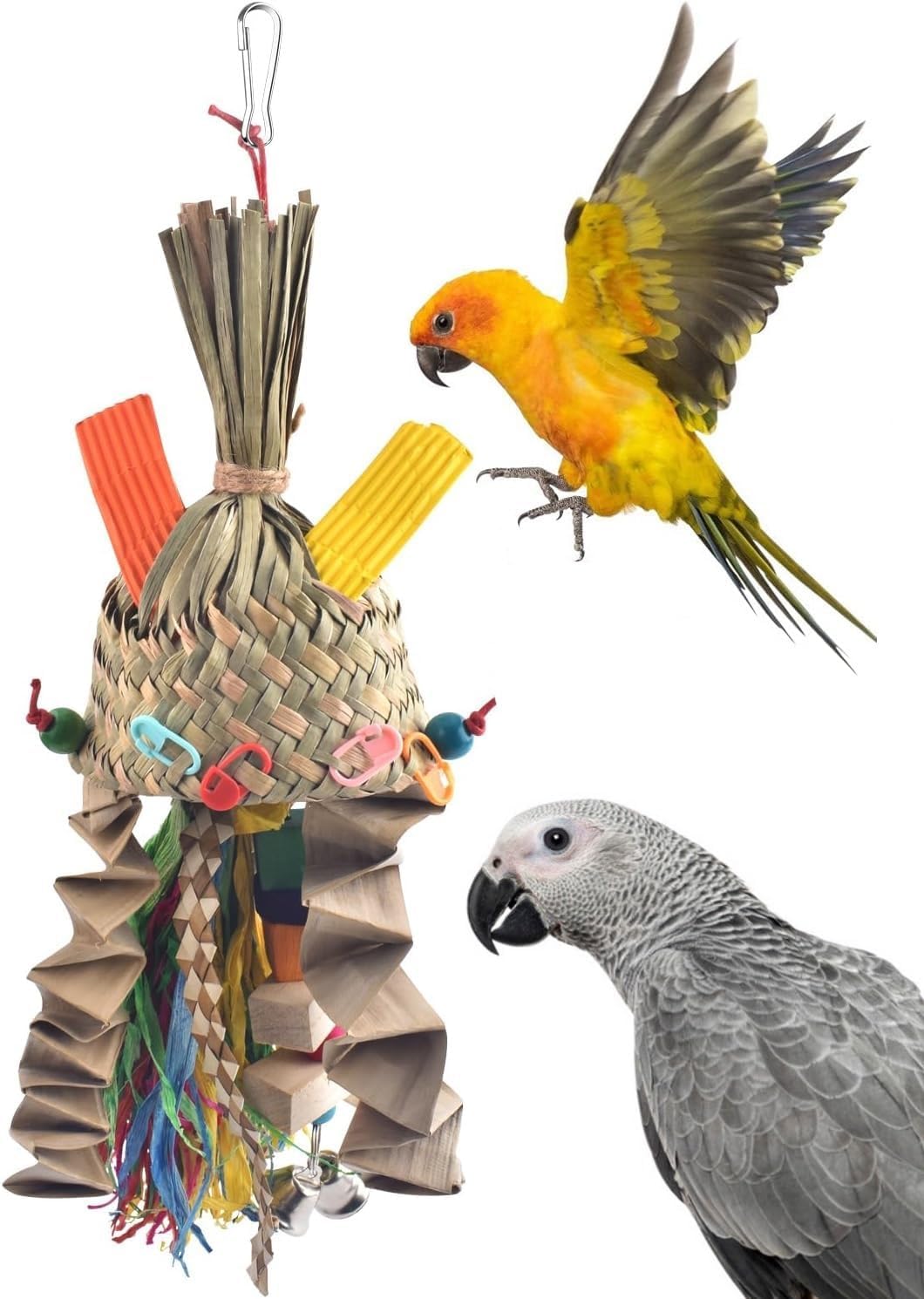 Bissap Juguetes para masticar pájaros, periquito tejido natural palmera frágil, juguetes para triturar loro colgante jaula juguete para loros,