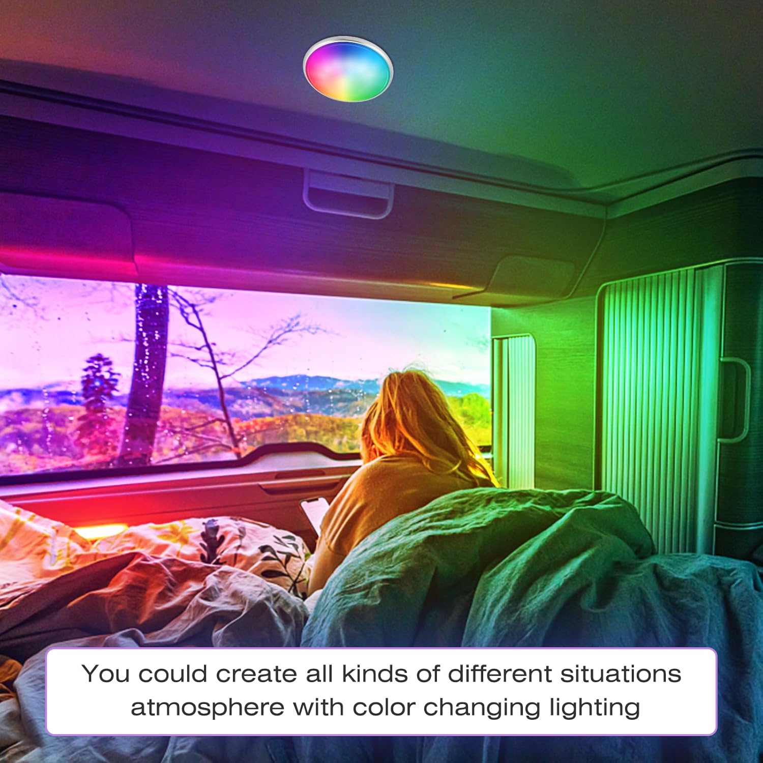 ASOOLL Luces de techo RGB para caravana, paquete de 2 luces LED de techo de 12 V, luz de disco interior para caravana, viaje, remolque, cámper,
