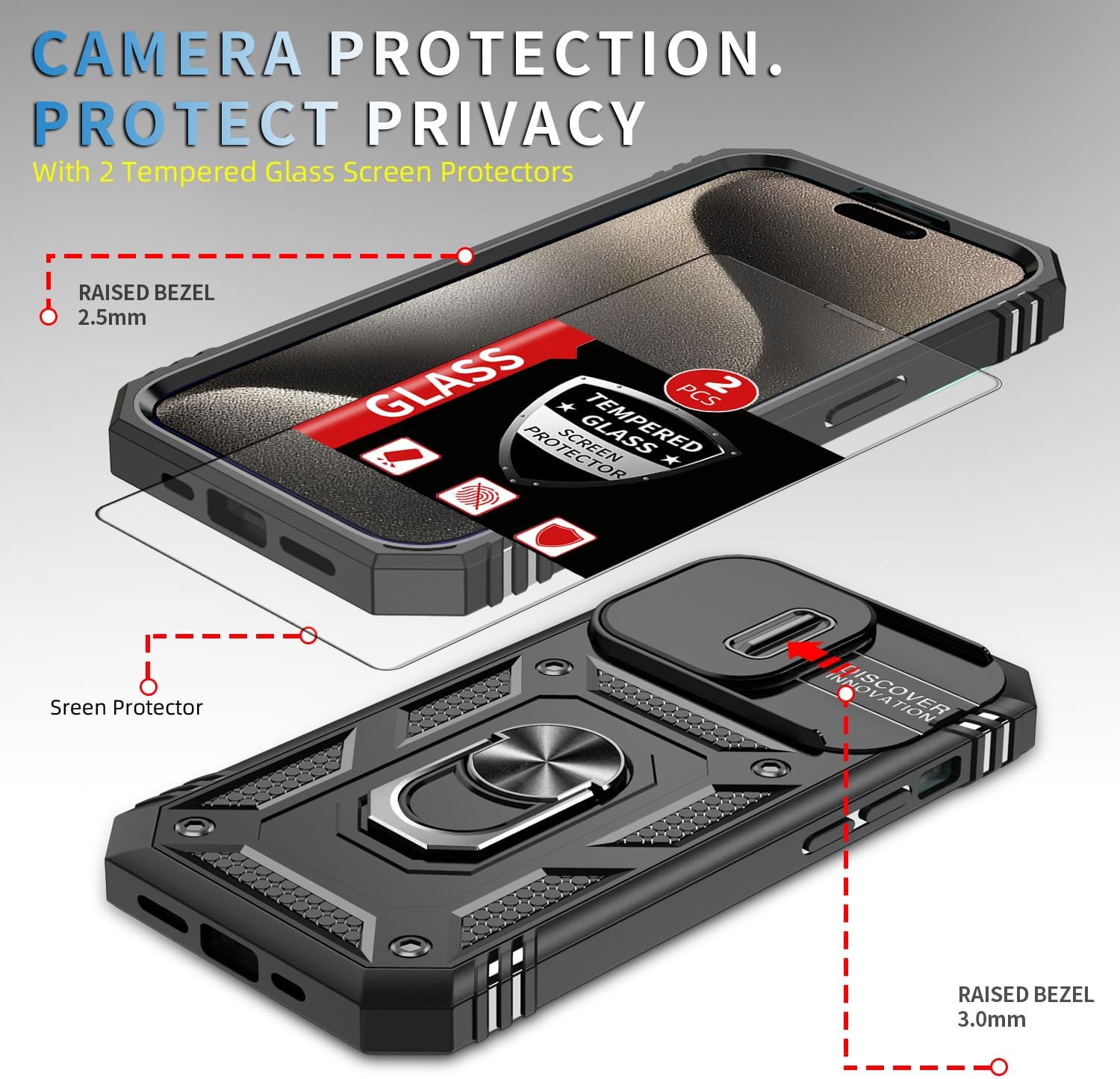 Funda para iPhone 15 Pro con 2 protectores de pantalla de vidrio templado con cubierta de cámara y anillo magnético de soporte de grado militar, a