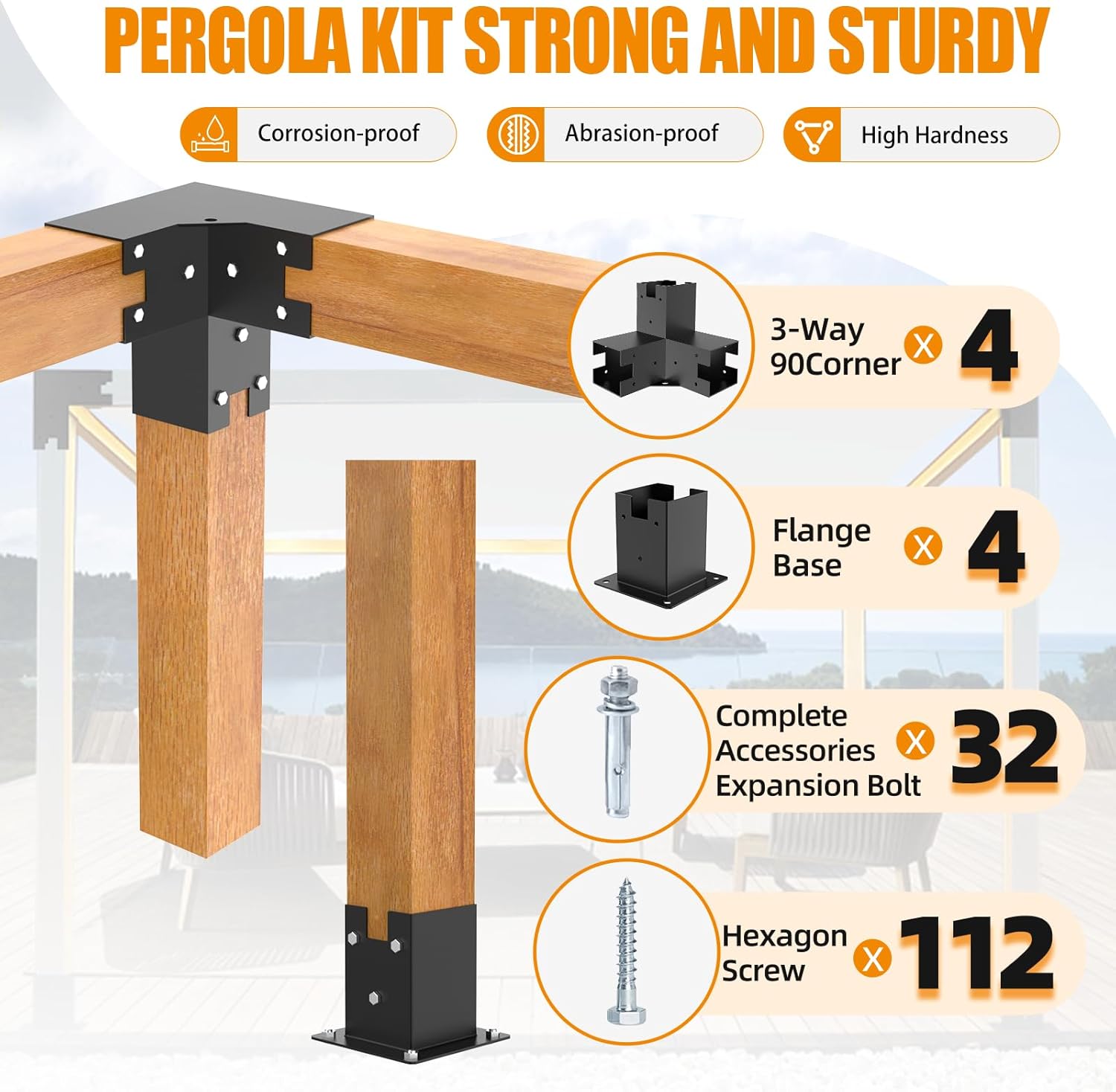 Likeem Kit de pérgola, calibre 12, resistente, 6 x 6 pulgadas, soporte de madera elevada, incluye 4 hombros de soporte, 4 botas para pérgola de