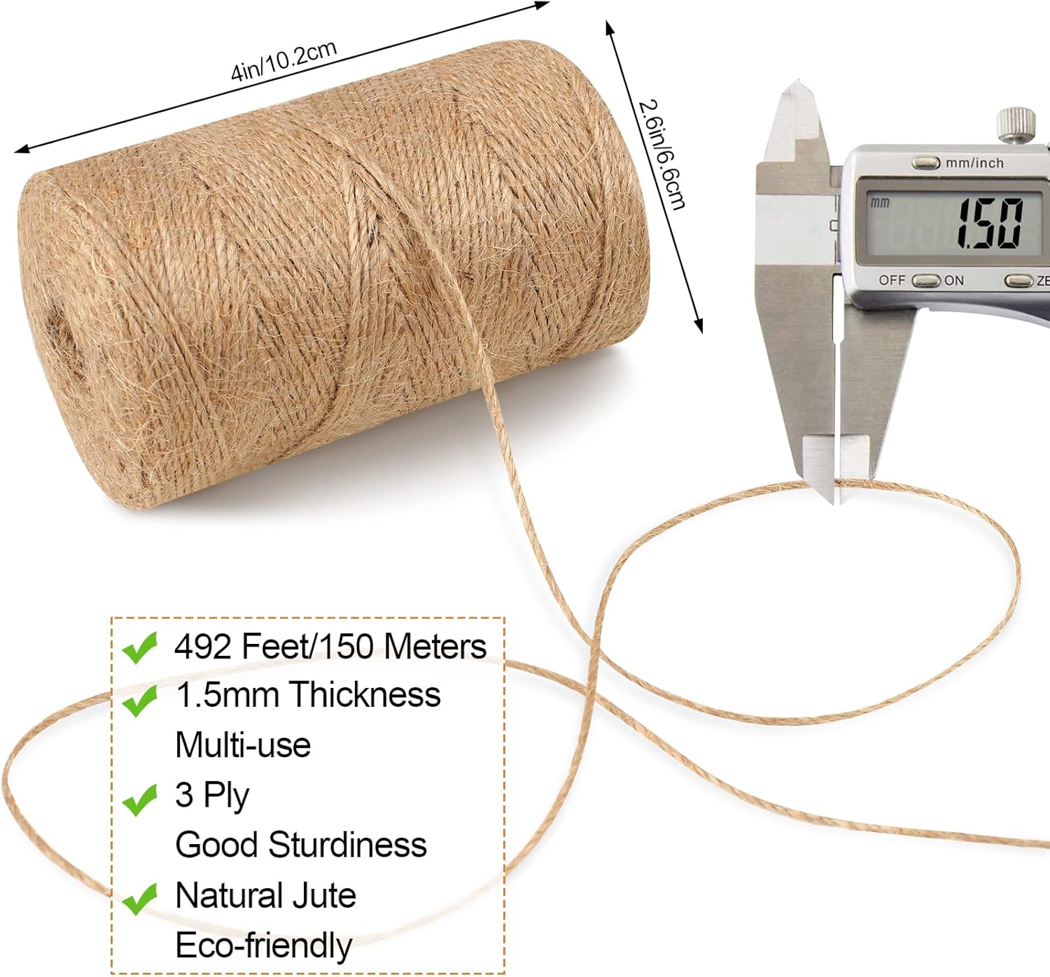 Cordel de yute natural de 492 pies, cuerda de cordel, cinta fina de cáñamo de 3 capas, cordel para plantas de jardinería, envoltura de regalos,