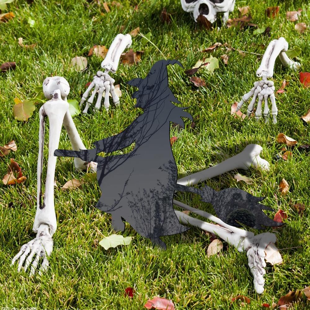 MUDOUCVC Decoraciones de Halloween al aire libre, silueta de bruja negra de Halloween con estacas, letreros de acrílico de Halloween para patio,