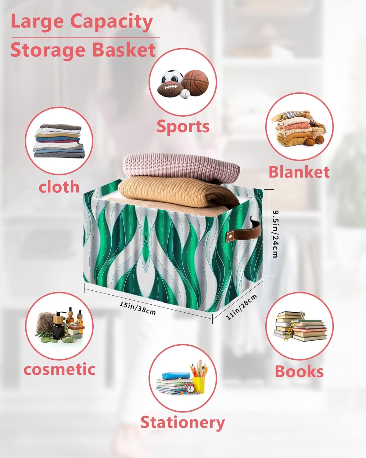 Teal Geometric Storage Basket for Organizing Shelves, Collapsible Storage Bins Boxes with Handle, Modern White Ripple Abstract Art Canvas Hamper