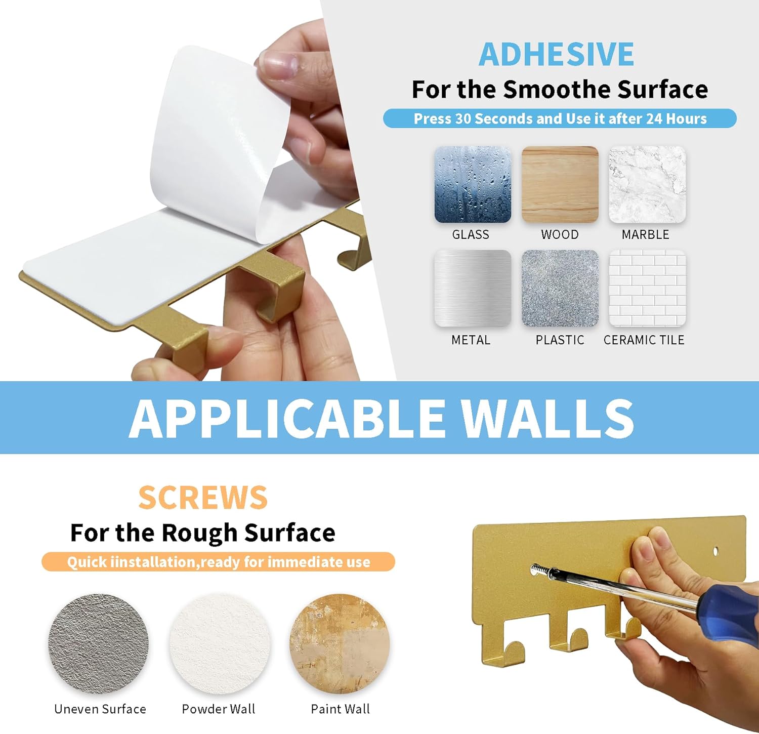 GTK Soporte para llaves de pared, ganchos para llaves con 6 ganchos, soporte para llaves montado en la pared para pasillo, estante autoadhesivo para