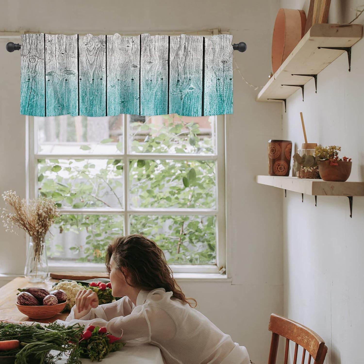 Artwork Store Curtain Valance for Window Kitchen Decor, Ocean Gray Rustic Wood 54″ x 18″ Window Treatment Curtains Topper Rod Pocket Valances for
