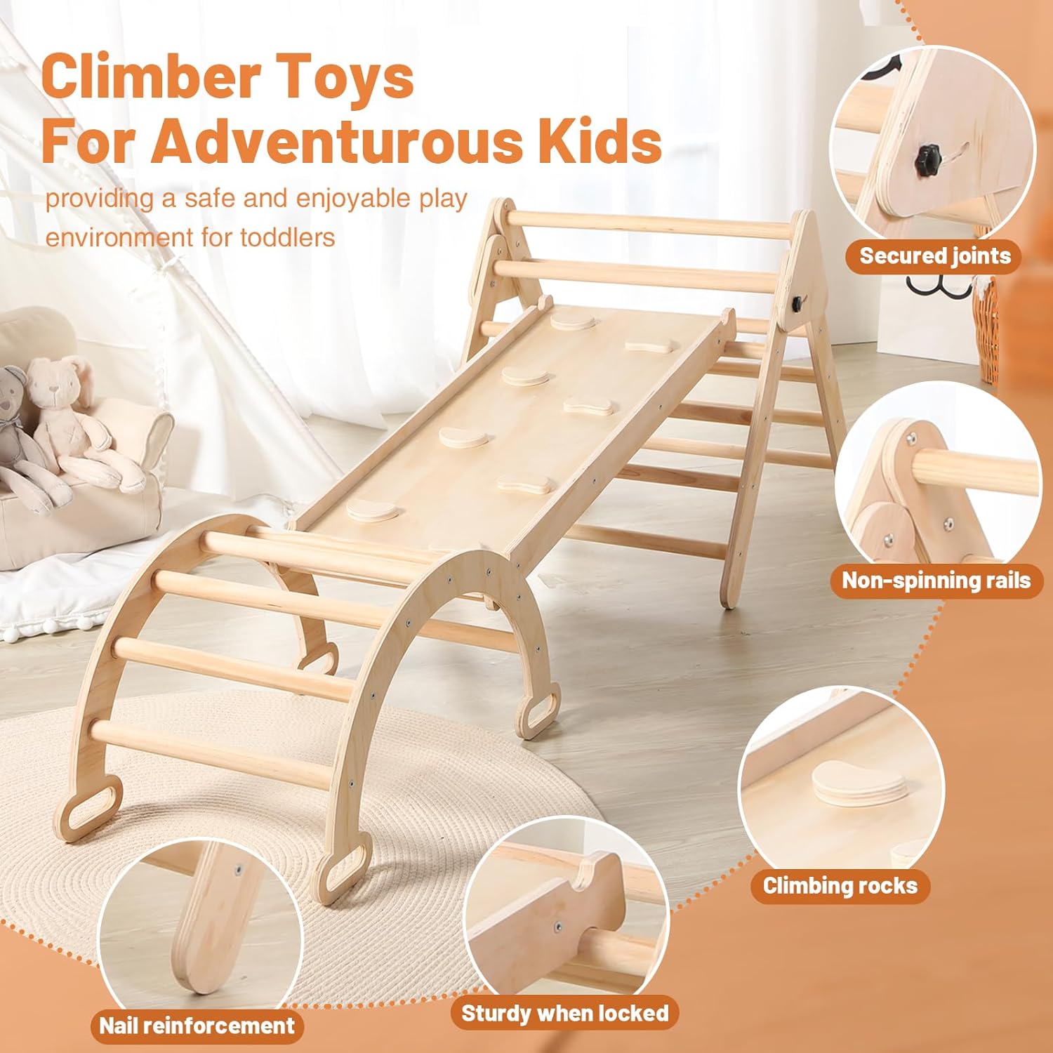 Juguetes de escalada de madera 5 en 1 para niños pequeños  Triángulo de escalada plegable, escalador de arco, rampa de escalada  Juguetes Montessori
