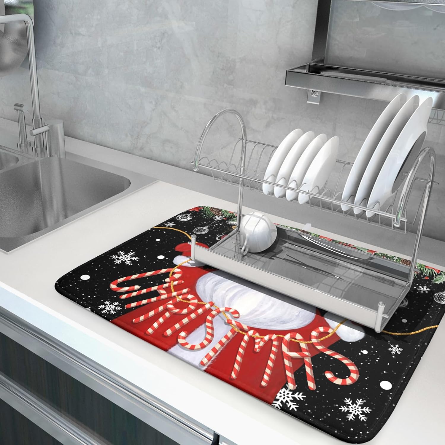 Tapete absorbente para secar platos, tapete de platos de Navidad de Papá Noel para encimeras de cocina, 18 x 24 pulgadas, escurridor de platos de