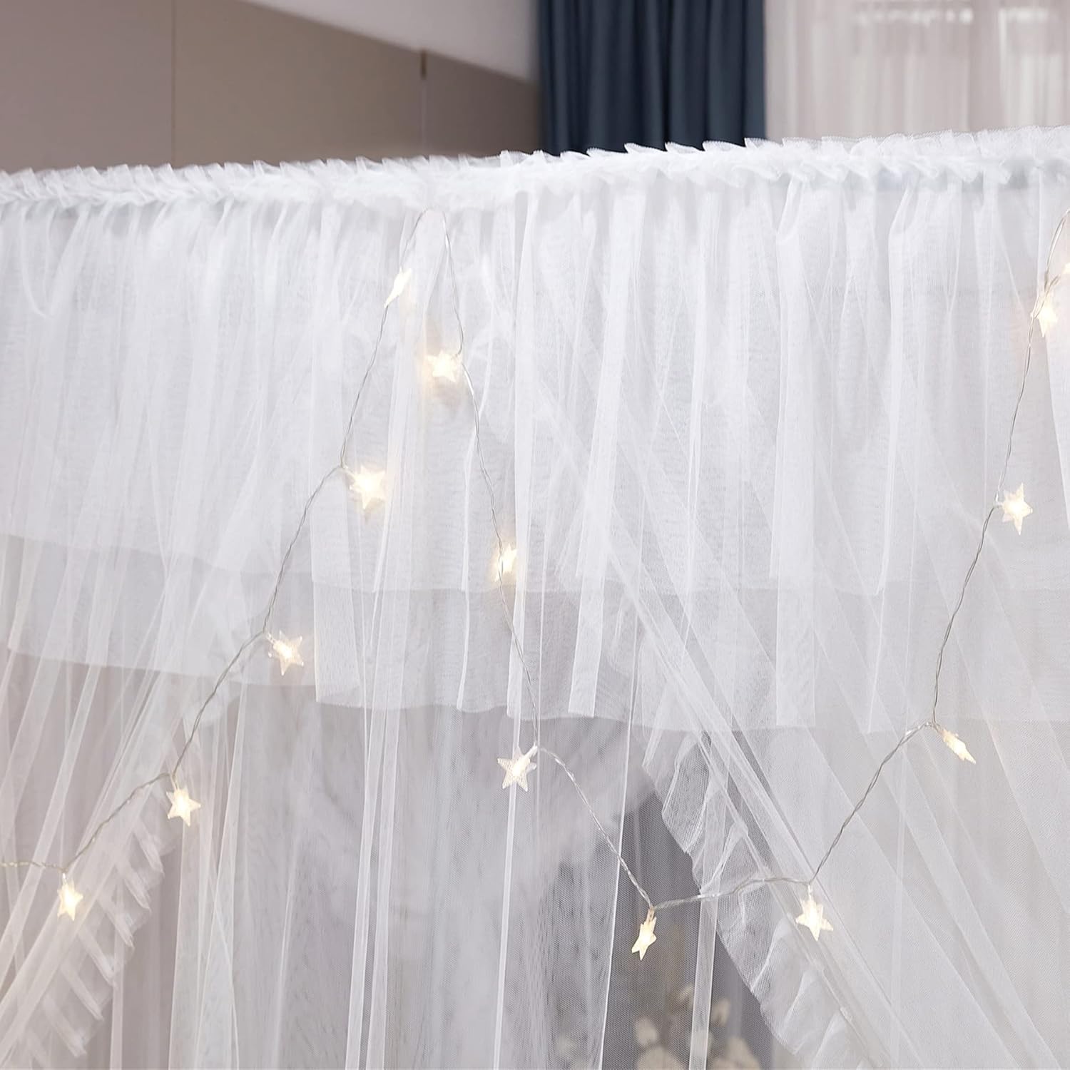 VETHIN Cortina de cama de princesa con volantes de 4 esquinas, doble capa, acogedora red mosquitera de 4 aperturas para niñas y adultos, decoración
