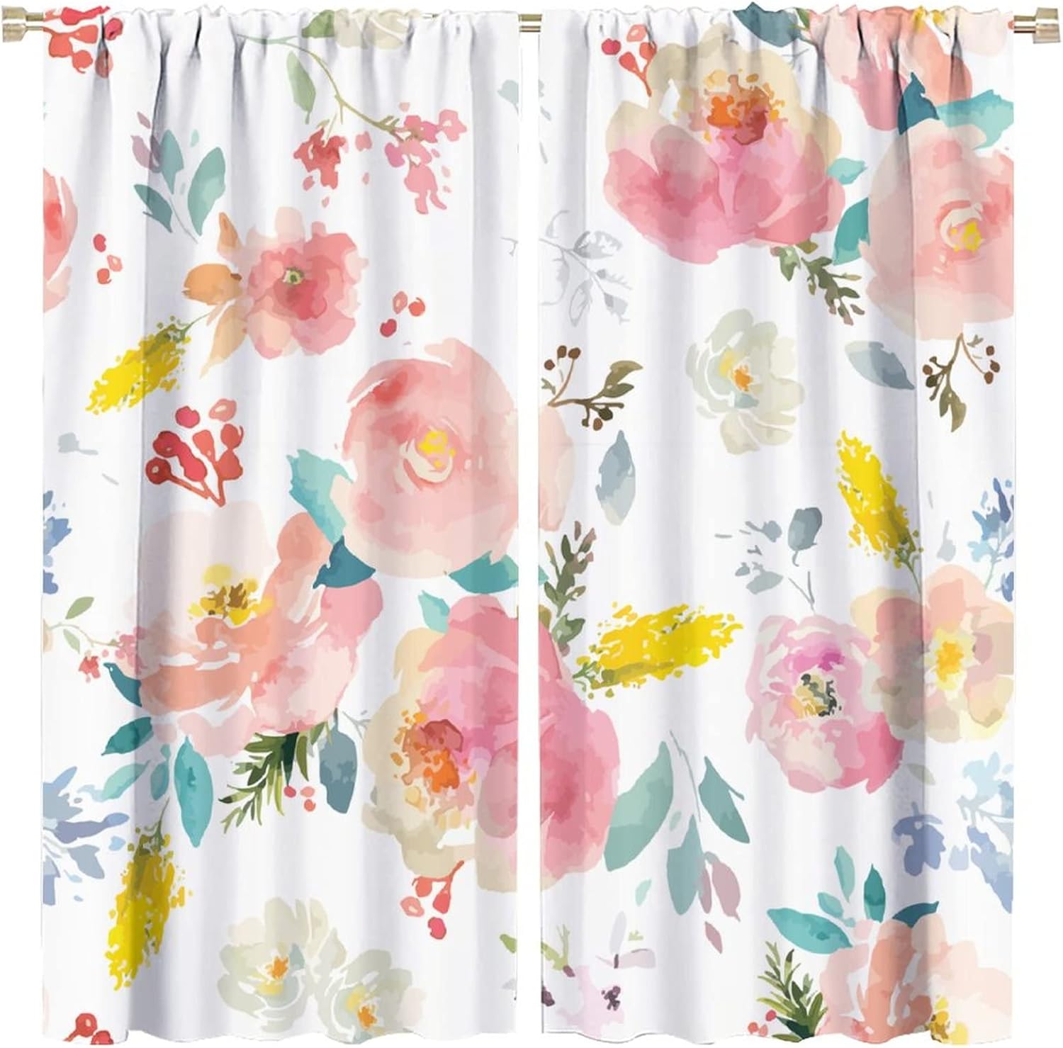 Cortinas de acuarela románticas con estampado floral rosa, bolsillo para barra, cortinas de ventana para dormitorio, sala de estar, 42 x 54 pulgadas