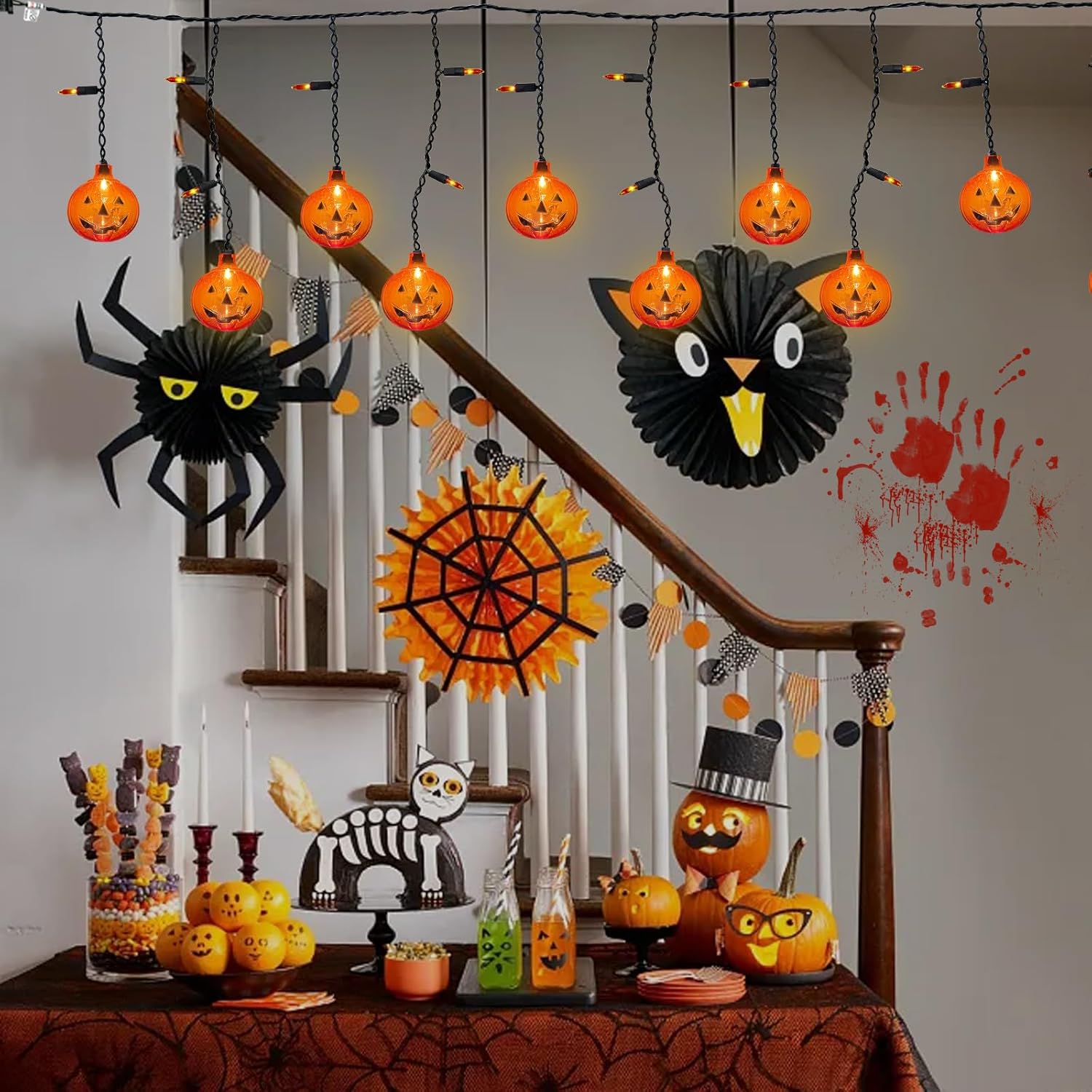 Konictom Cadena de luces de cortina de calabaza, tira de luces de calabaza de 7 pies enchufable con 10 mini calabazas y 25 mini bombillas,