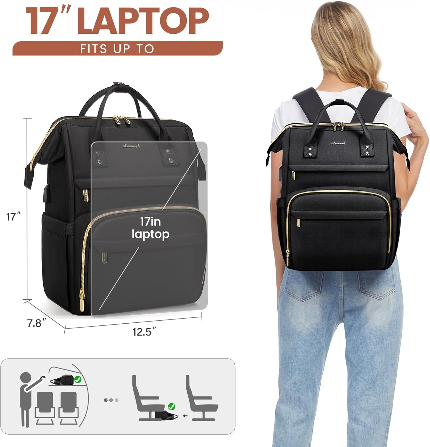 Mochila para computadora portátil para mujer, de moda, para viaje, con puerto USB, Negro), 146901LK-17