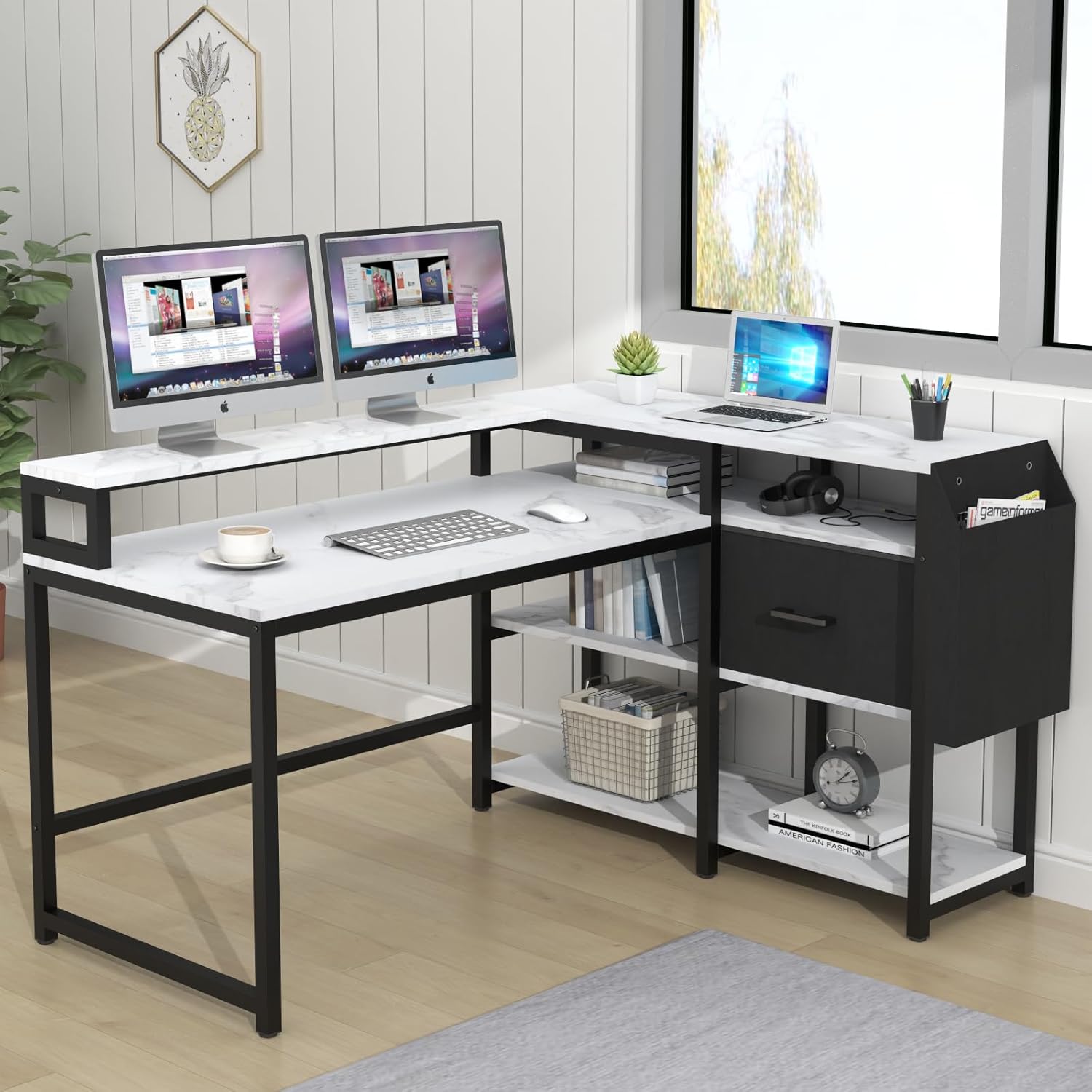 Loomie Escritorio reversible para computadora en forma de L con cajón, escritorio industrial de esquina de 55 pulgadas de ancho x 41 pulgadas de