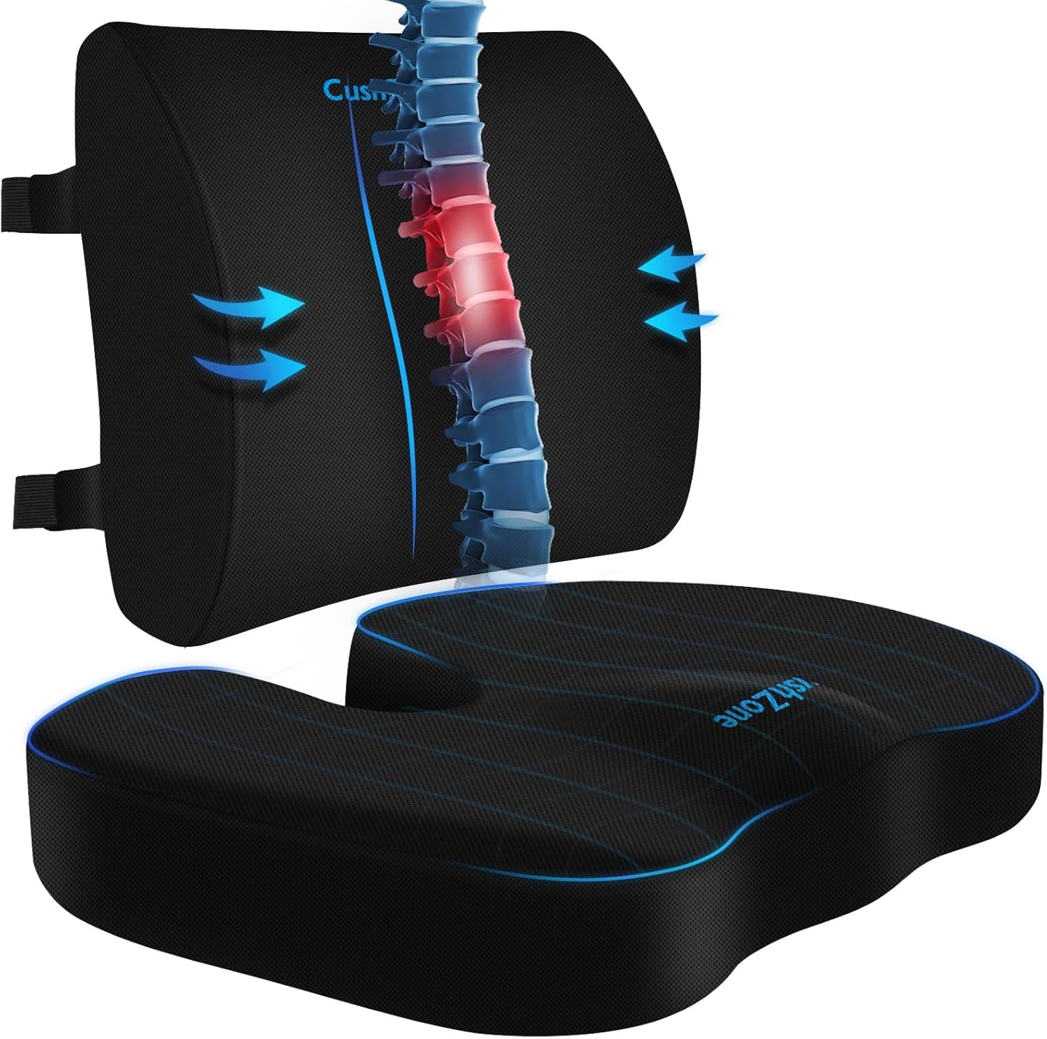 CushZone Cojín de asiento, almohada de apoyo lumbar con correa ajustable, cojines para silla para aliviar el dolor de ciática, con funda lavable
