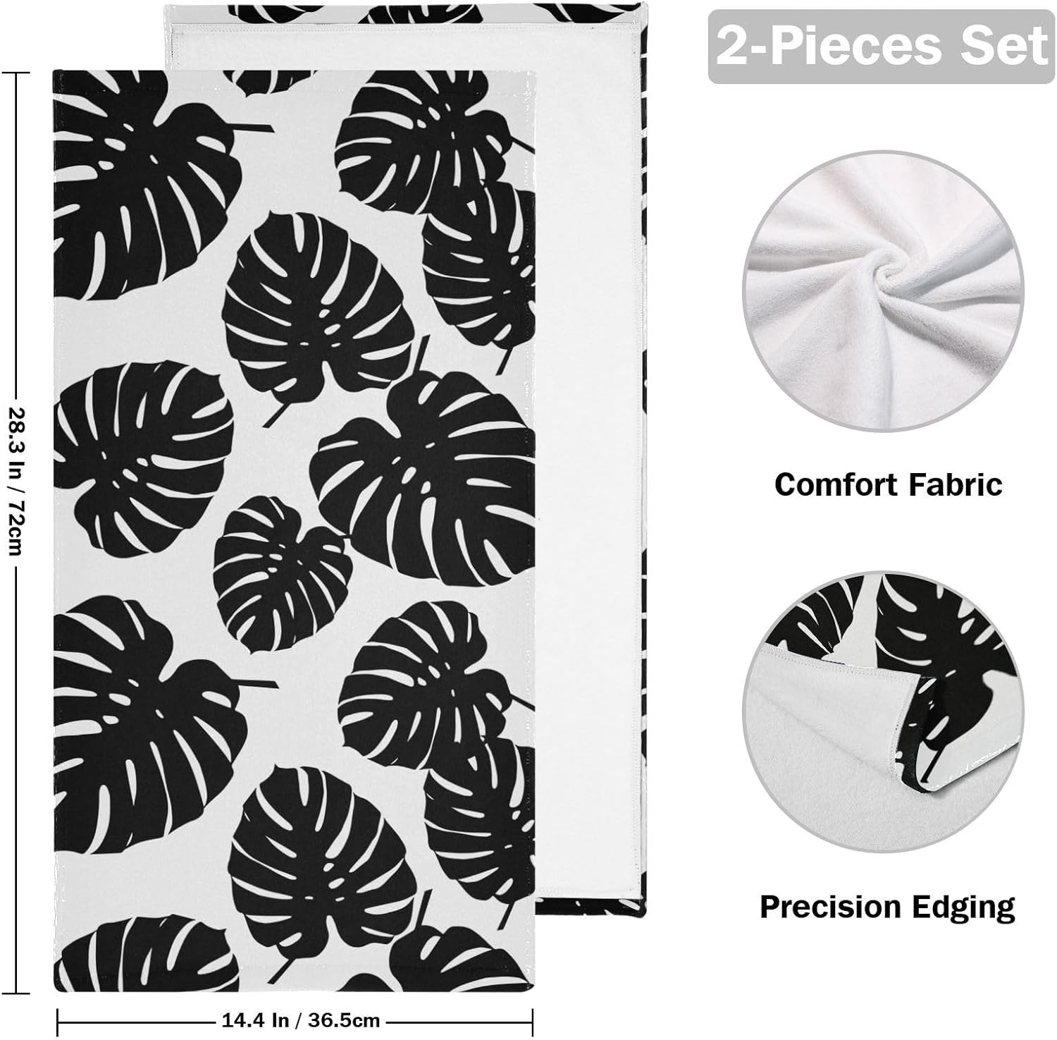 Paquete de 2 toallas de mano de hojas de palma blancas y negras para baño, toallas de baño absorbentes de microfibra con hojas tropicales, toallas