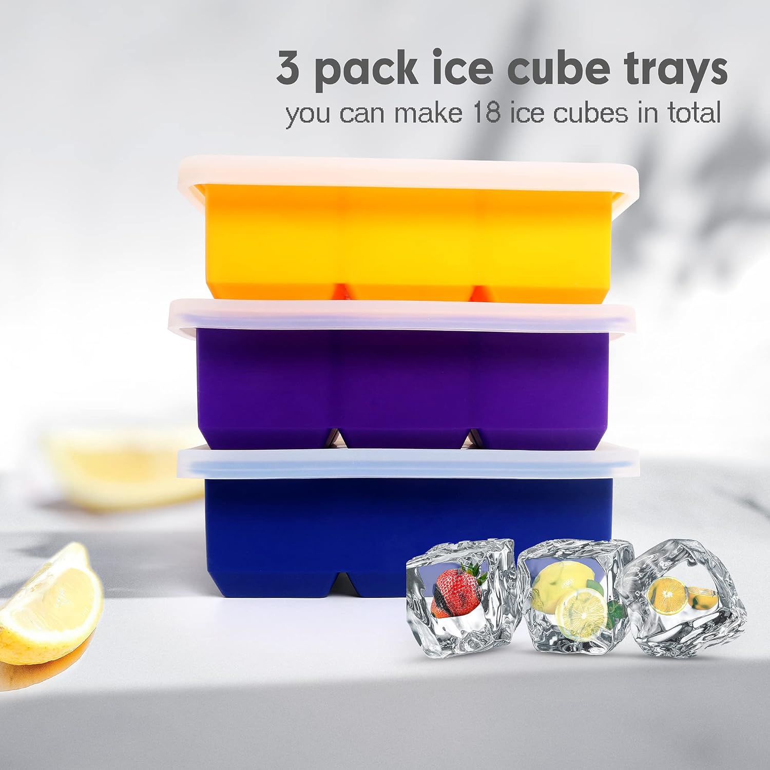 Paquete de 3 bandejas para cubitos de hielo, moldes de silicona de gran tamaño con tapas extraíbles, reutilizables y sin BPA para whisky, cóctel,