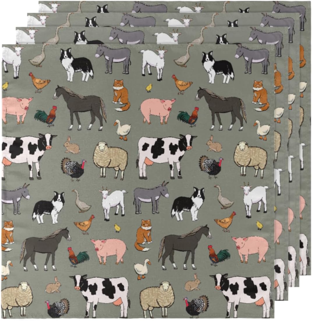 Cloth Napkins Set of 4 Cute Cow 20×20 Inch Cloth Napkins Farm Animals Rooster Cow Washable Reusable Kitchen Dinner Napkins Table Decor for Wedding,