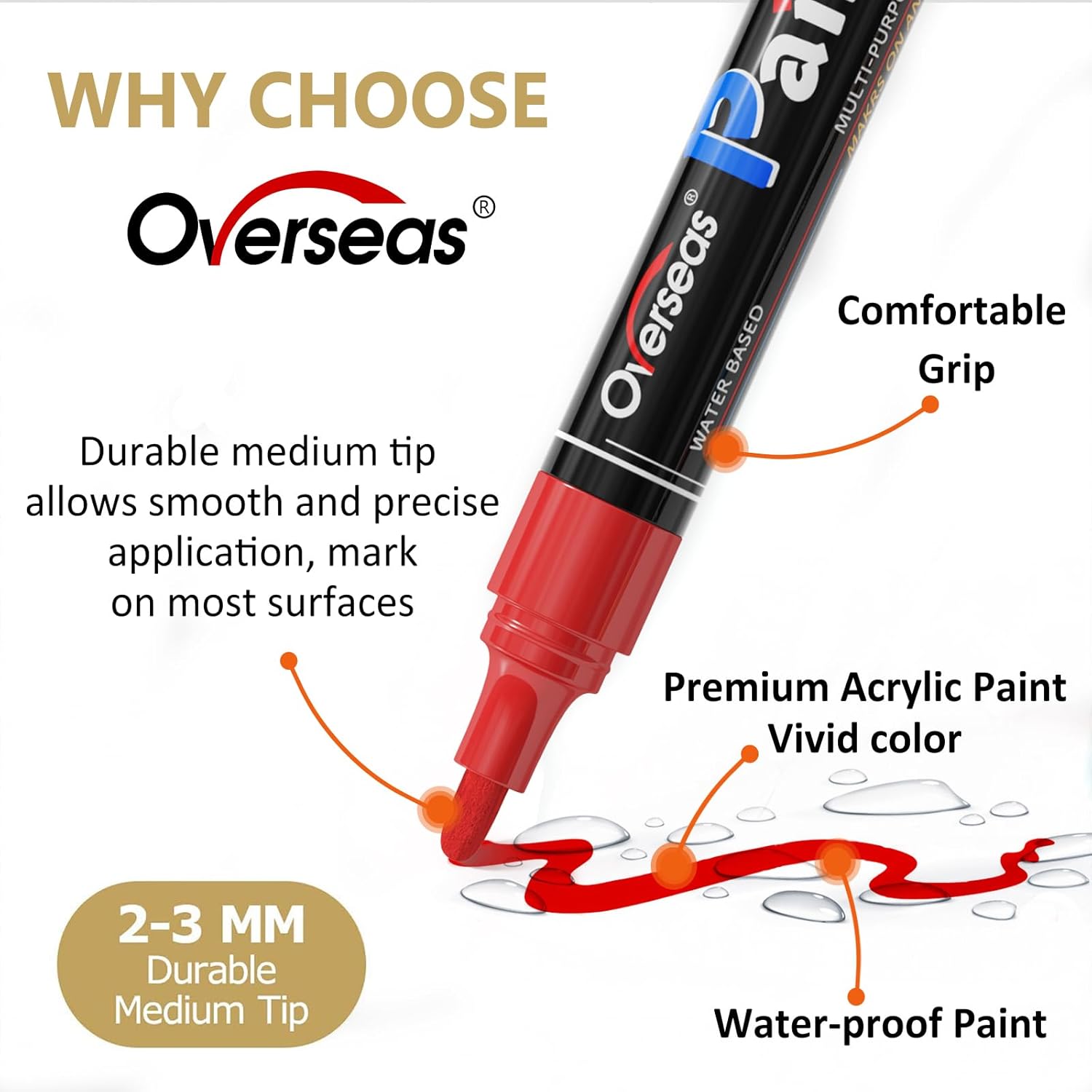 Overseas Rotuladores de pintura naranja  Marcadores acrílicos permanentes, paquete de 8 unidades, a base de agua, secado rápido, resistente al agua
