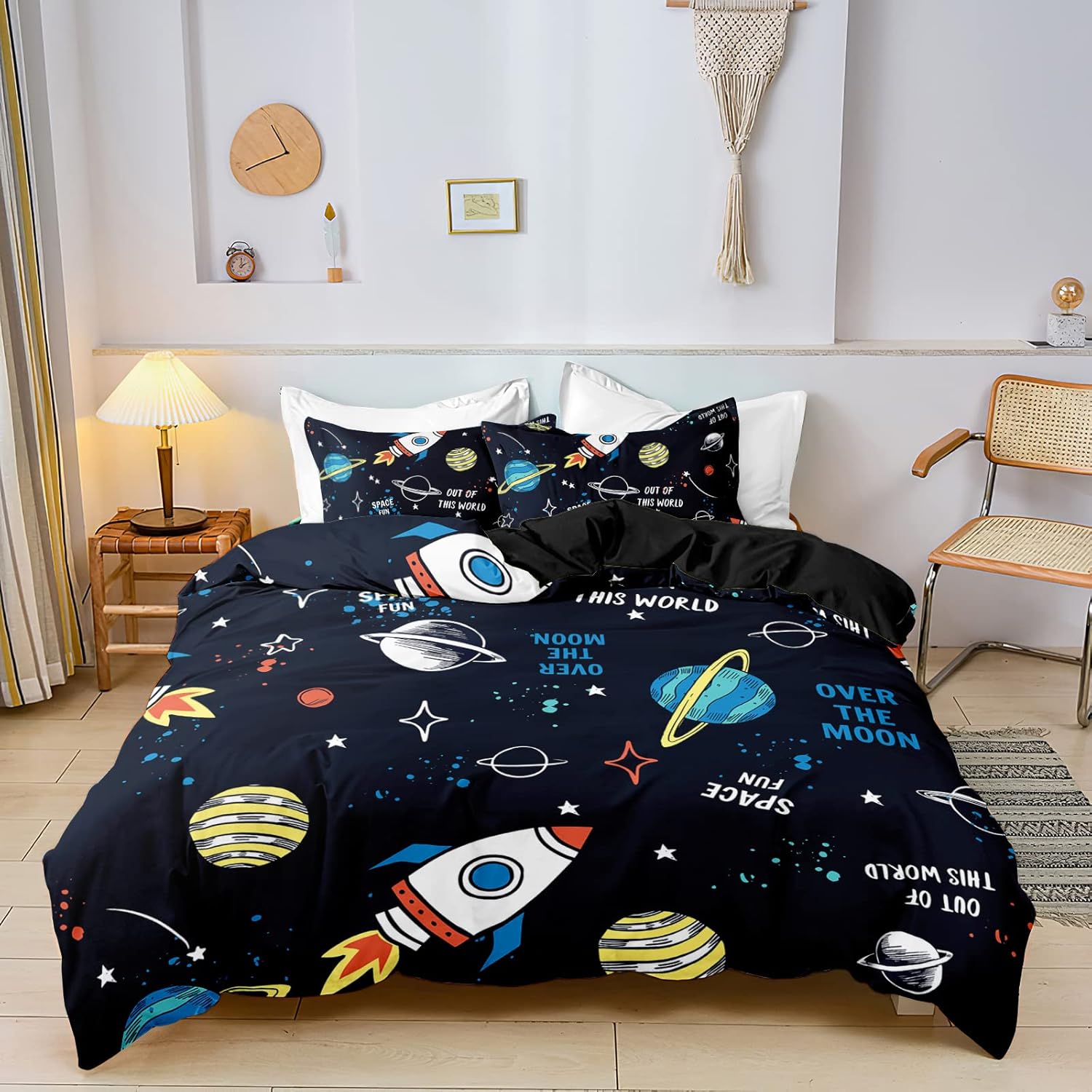Outer Space Planet Stars – Juego de funda de edredón tamaño Queen, galaxia celestial, naves espaciales, cohete, juego de ropa de cama para niños, 3