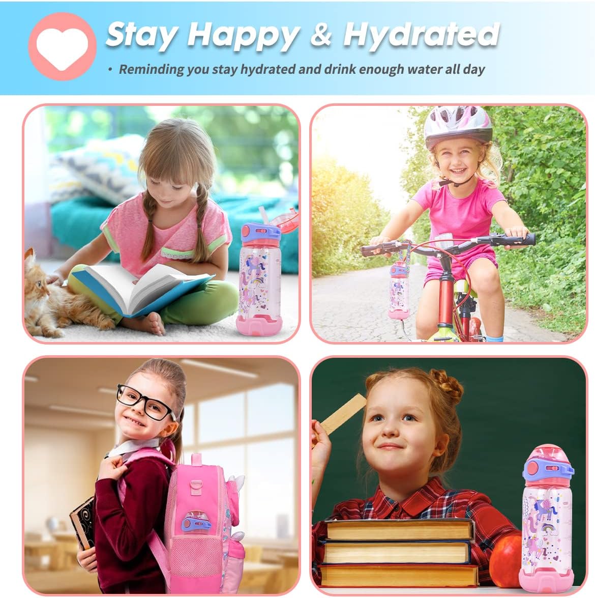 Botella de agua para niños con popote, para la escuela, niños y niñas, botella de agua potable de 22 onzas sin BPA, apertura de un solo clic, tapa