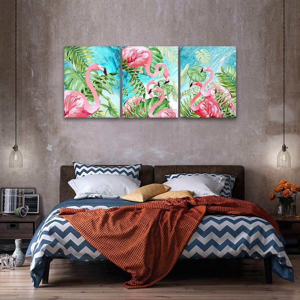 RUISHI Lienzo decorativo para pared, 3 piezas, flamenco, decoración bohemia para dormitorio, imagen de animales, palmera, plantas tropicales,