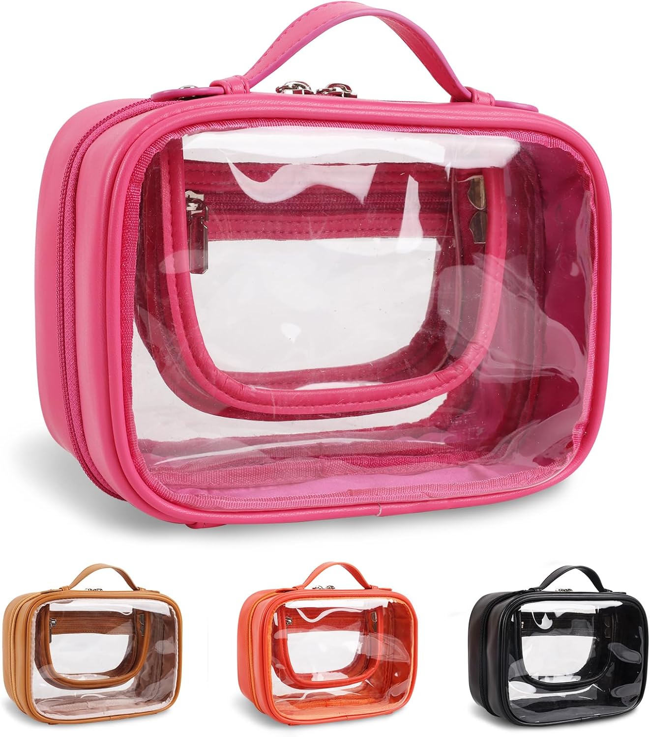 Iqimott Neceser de viaje Bolsa de maquillaje transparente, bolsa de cosméticos con cremallera aprobada por la TSA, Rosa rojo, Moda