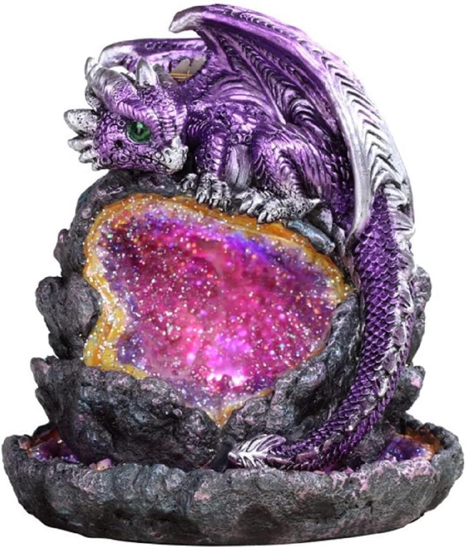 ICE ARMOR Quemador de incienso de 5.5 pulgadas de alto con protección de dragón morado de cristal sintético con soporte de incienso con luz LED