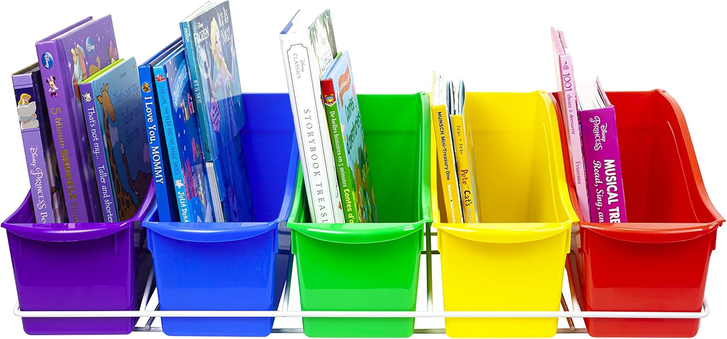 Storex Juego de 5 contenedores grandes para libros, estante de metal incluido, varios colores (71125U01C)