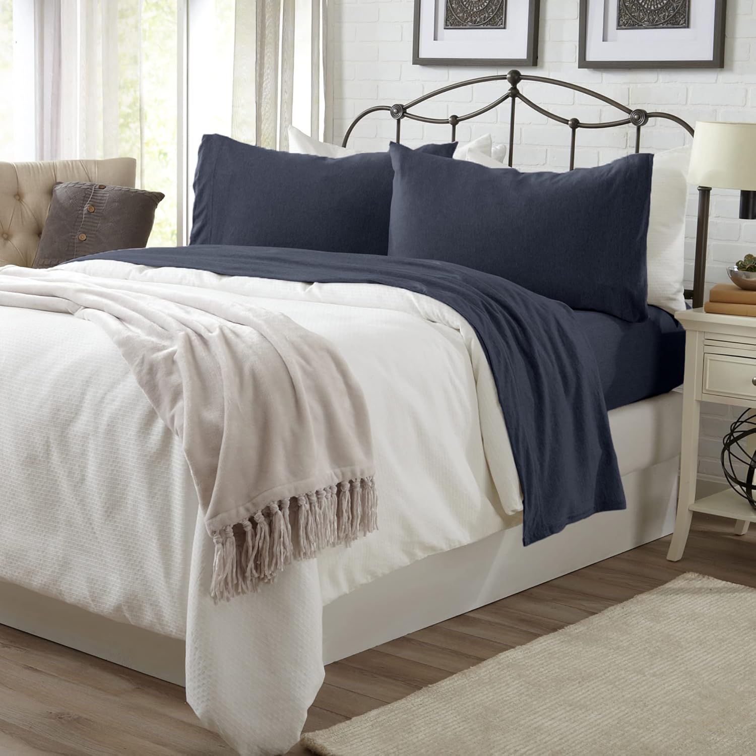 Great Bay Home – Juego de 3 piezas de sábanas de algodón extrasuave tamaño individual, transpirable, suave, cómodo y acogedor, sábanas color azul