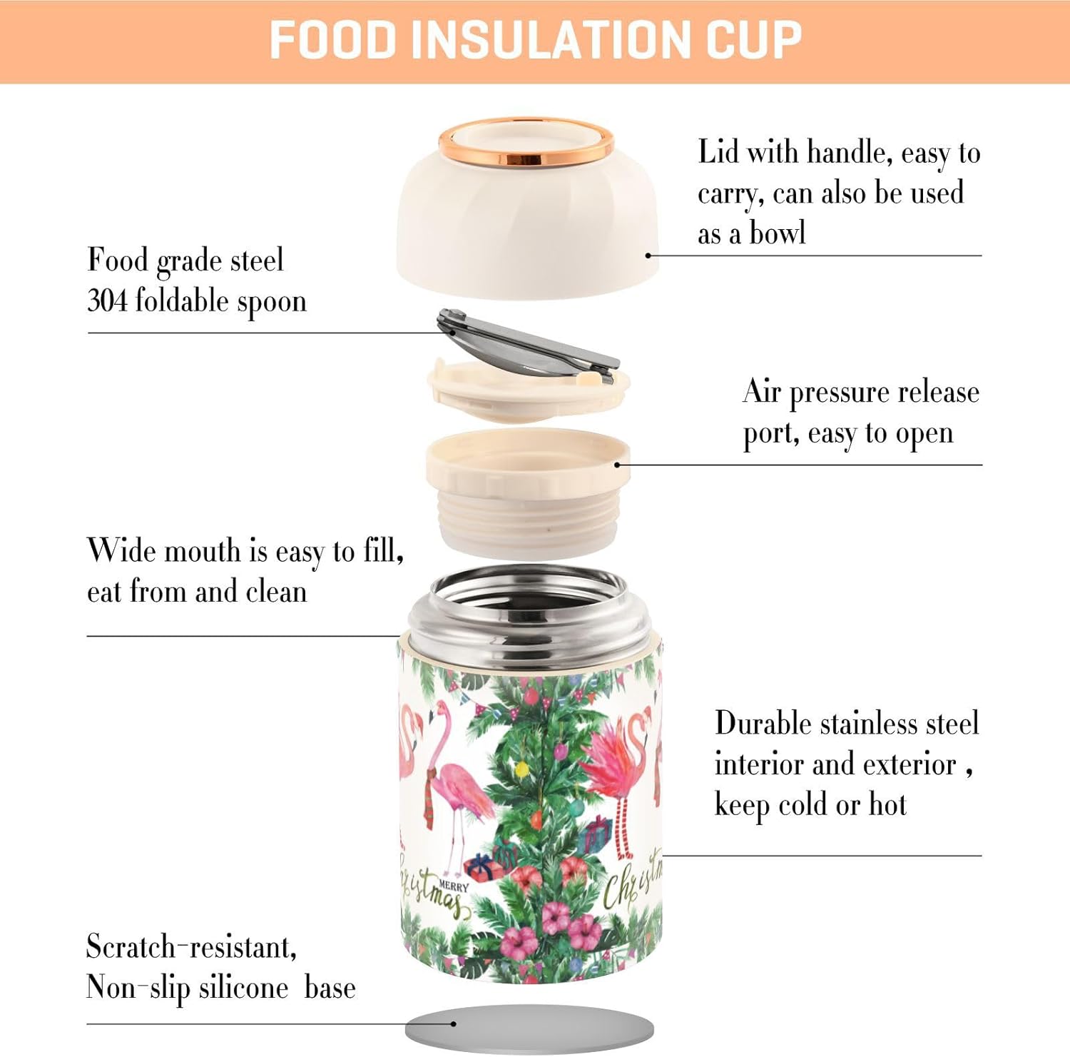 Christmas Leaves Flamingo Food Jar with Spoon Stainless Steel Vacuum Insulated Food Container 17 oz Food Thermos for Lunch
