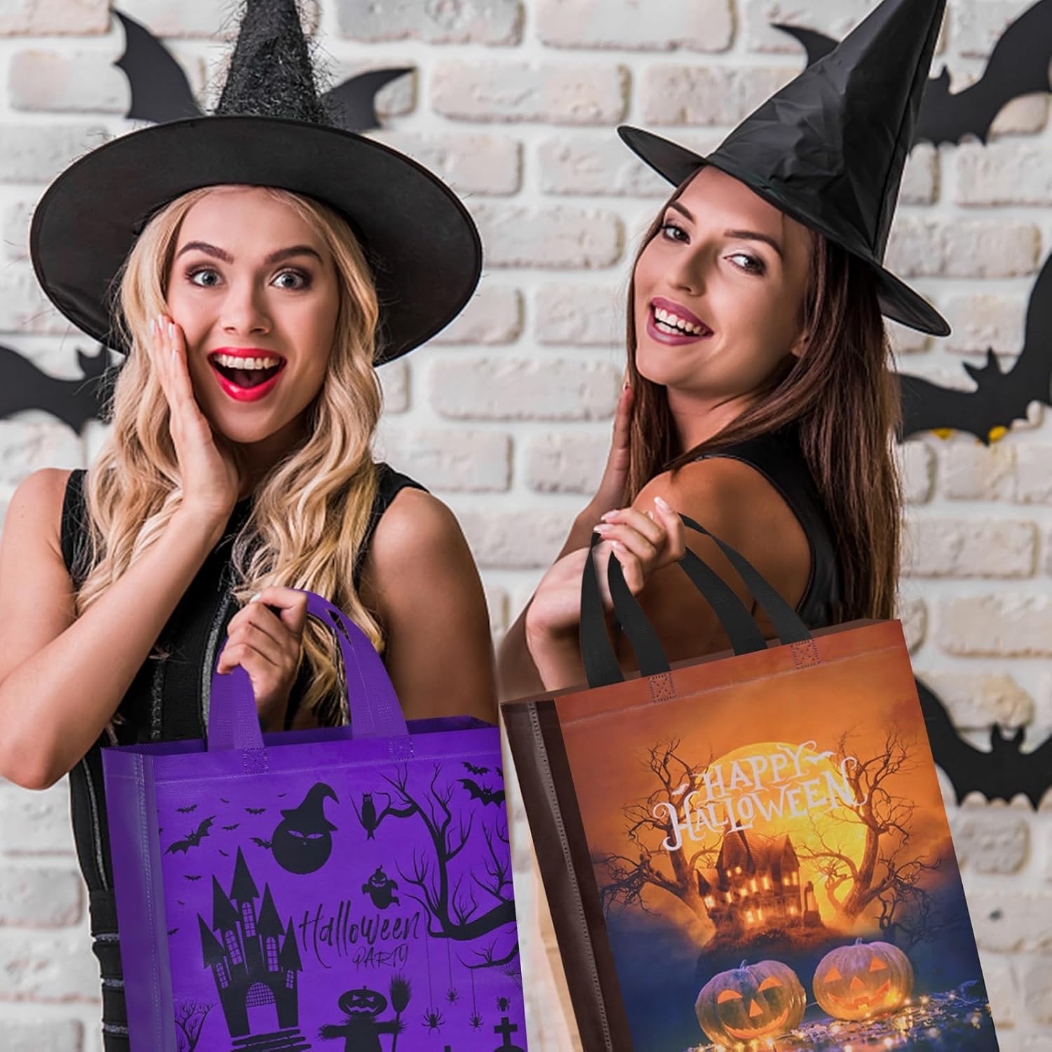 AhfuLife 12 bolsas de Halloween para dulce o truco, bolsas grandes de dulces de Halloween con asas para niños, bolsas de regalo reutilizables de