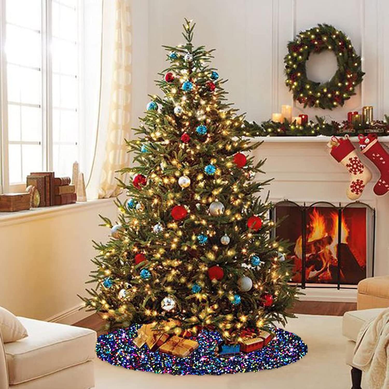 Falda pequeña para árbol de Navidad de 21 pulgadas, falda de árbol de arco iris para árbol delgado, falda de árbol de lentejuelas, falda de árbol de