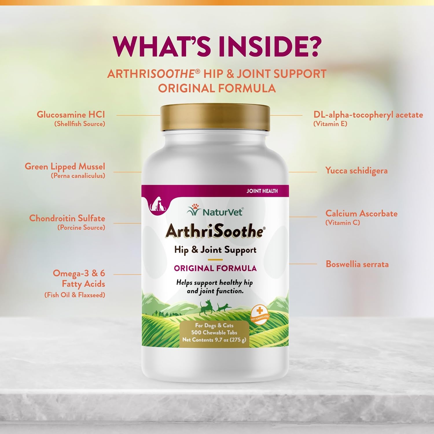 NaturVet ArthriSoothe – Suplemento para mascotas de fórmula para cadera y articulaciones para perros y gatos, incluye glucosamina, MSM, condroitina,