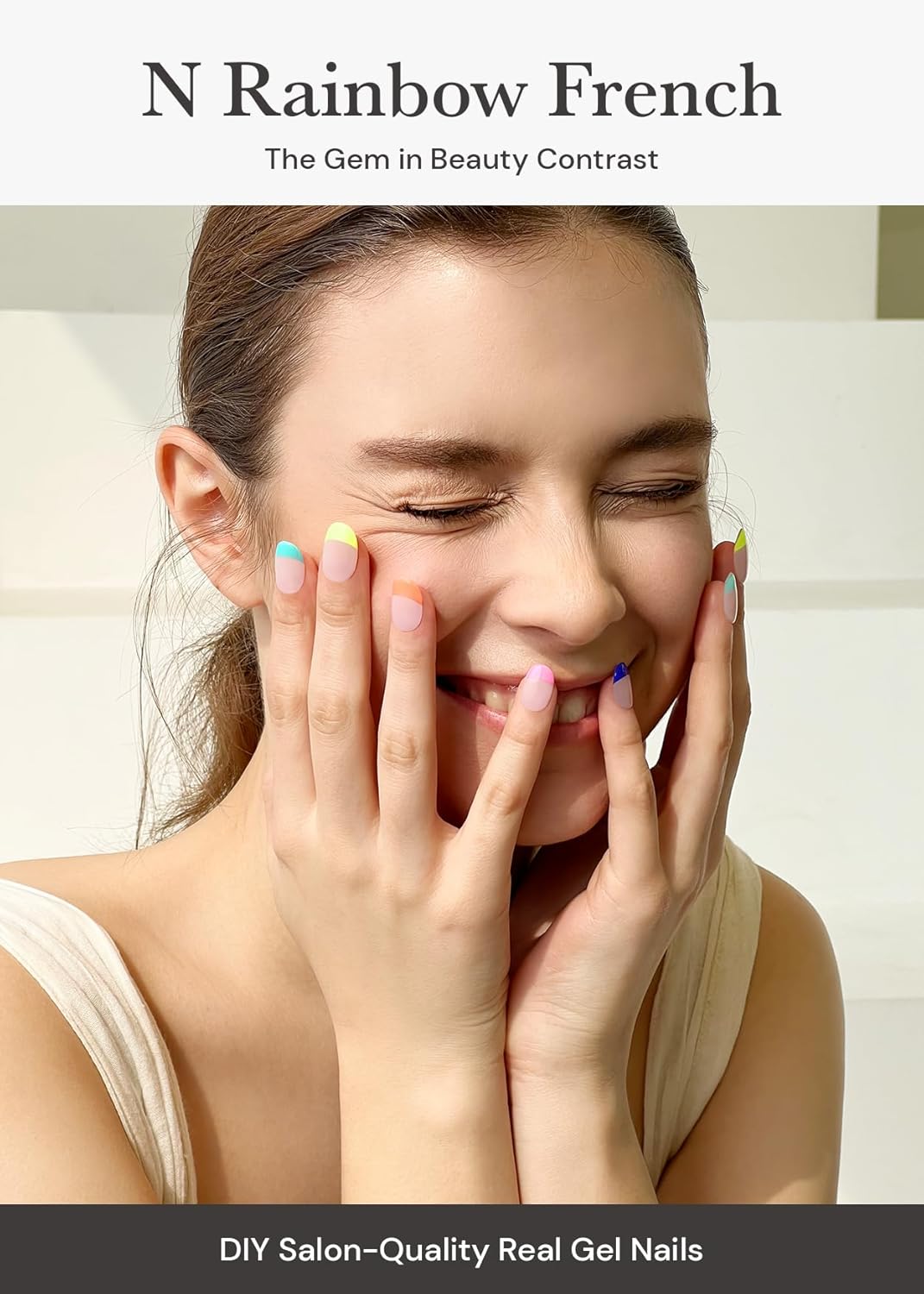 ohora Tiras de uñas de gel semicuradas (N Rainbow French), rango de tamaño extendido, funciona con cualquier lámpara de uñas, calidad de salón,