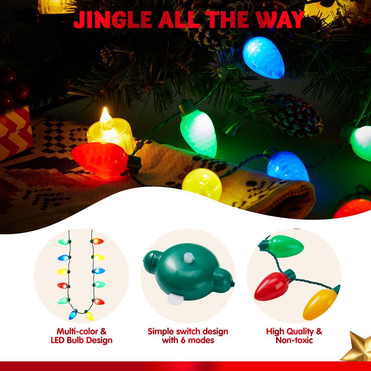 JOYIN Paquete de 6 collares de Navidad con luz de Navidad, 12 bombillas LED, collar de Navidad, bombillas para adultos y niños, fiestas de Navidad,