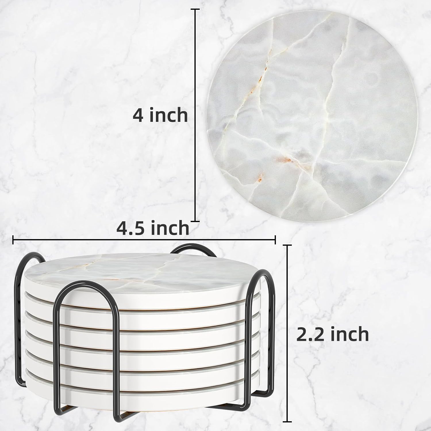 BUYAOBL Posavasos absorbentes con soporte, juego de 6 posavasos absorbentes, posavasos de ágata de cerámica de mármol, base de corcho para mesa de