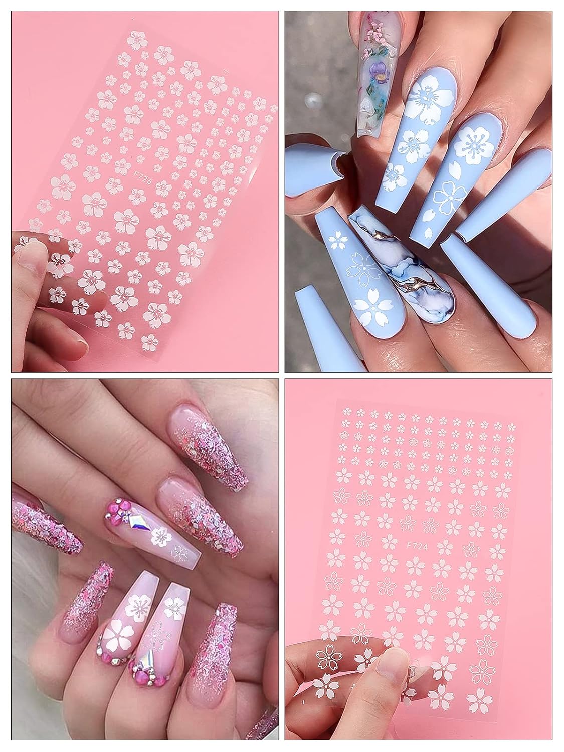 EBANKU – Calcomanías para uñas de flor de cerezo, 8 hojas autoadhesivas de flores blancas para uñas acrílicas, suministros de arte de uñas para