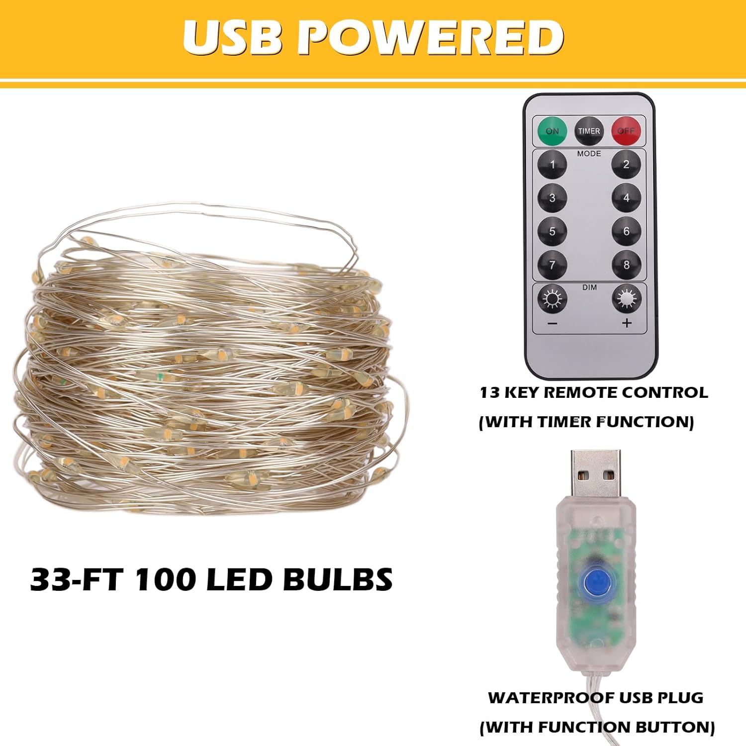 Clmentp Guirnalda de luces LED azules, 33 pies, 100 luces LED alimentadas por USB, con control remoto, 8 modos para decoración interior y exterior