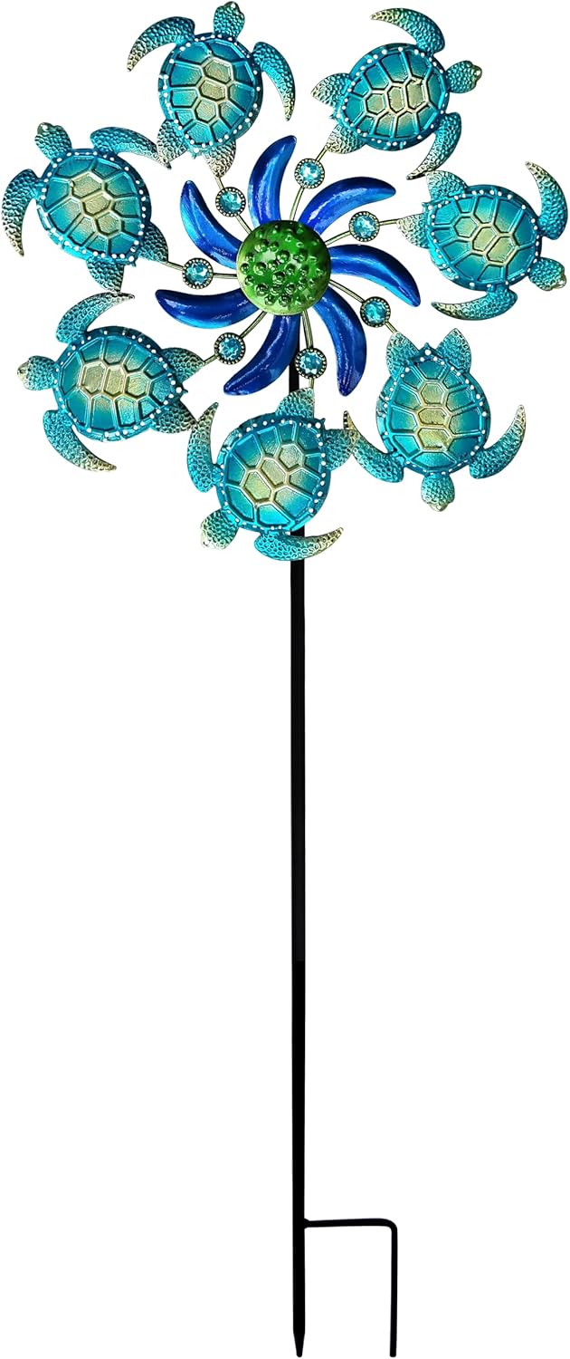 Molinillos de viento de tortuga marina de 39 pulgadas, estaca de jardín, decoración al aire libre, estaca de metal, escultura de viento, decoración
