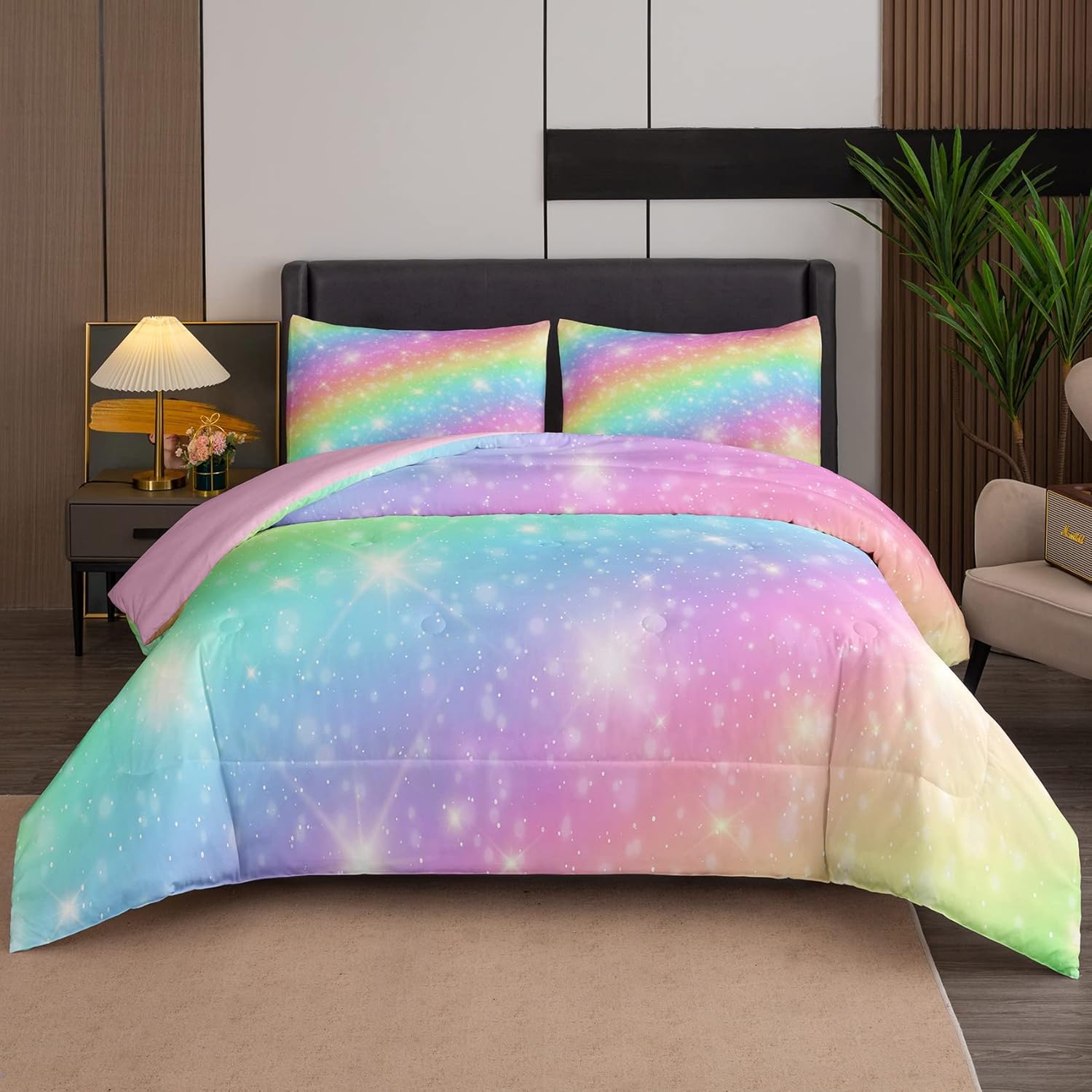 NINENINE Juego de ropa de cama de arcoíris, juego de edredón individual para niñas, juegos de ropa de cama individual para niñas, juego de edredón