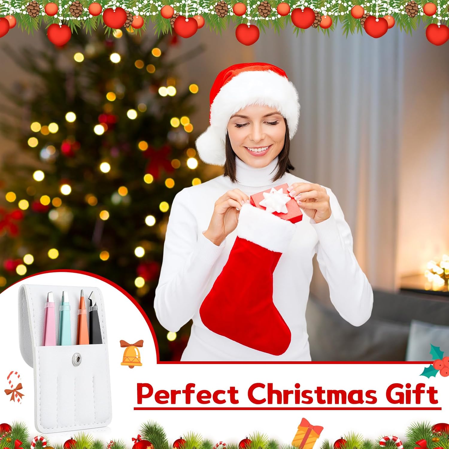 Juego de 12 pinzas con estuche de viaje de cuero, regalos de Navidad a granel regalos de fiesta para mujeres, kit de pinzas de cejas de acero