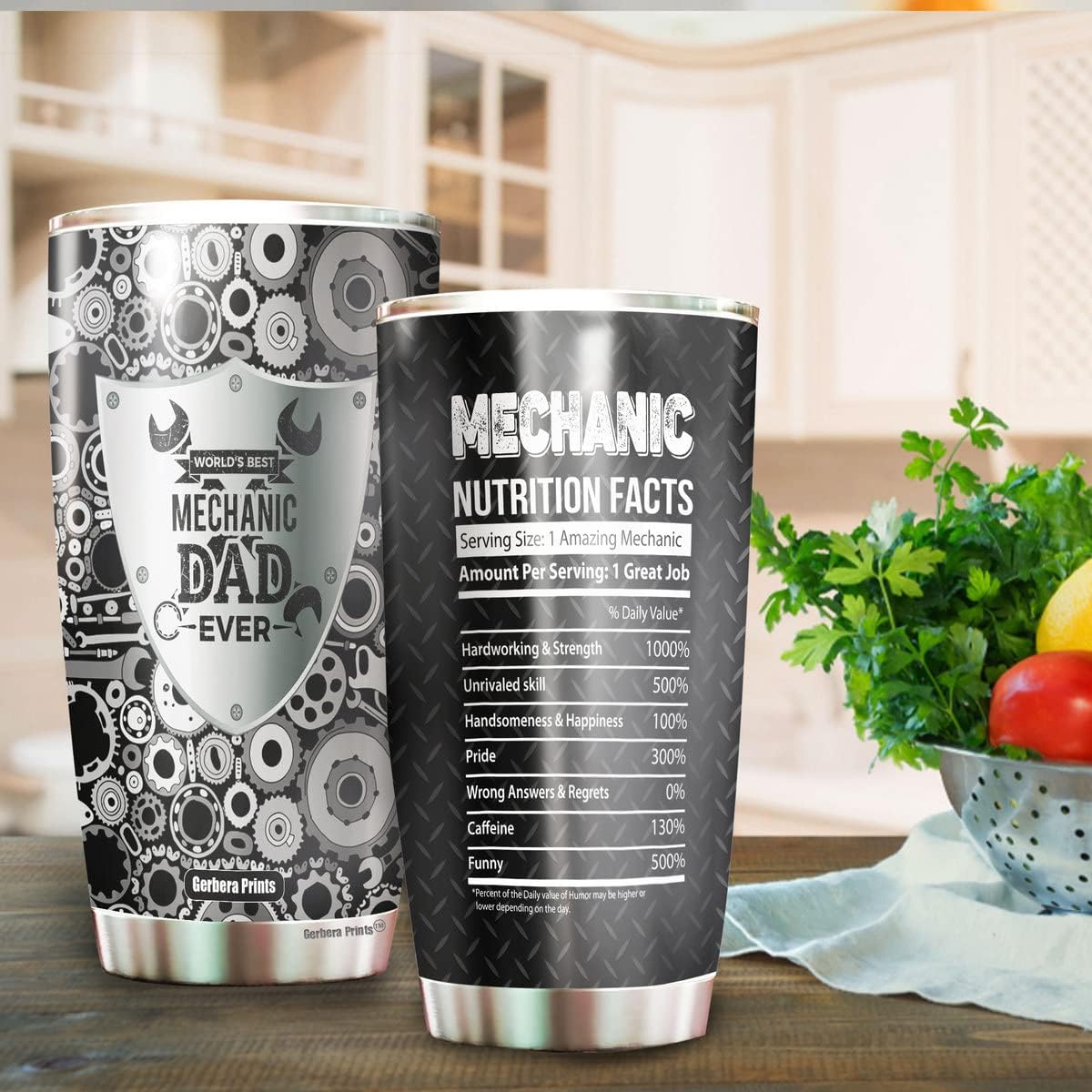 Mechanic Dad – Vasos aislados de 20 onzas con tapas, información nutricional para papá, tamaño de la porción, taza de Navidad para papá