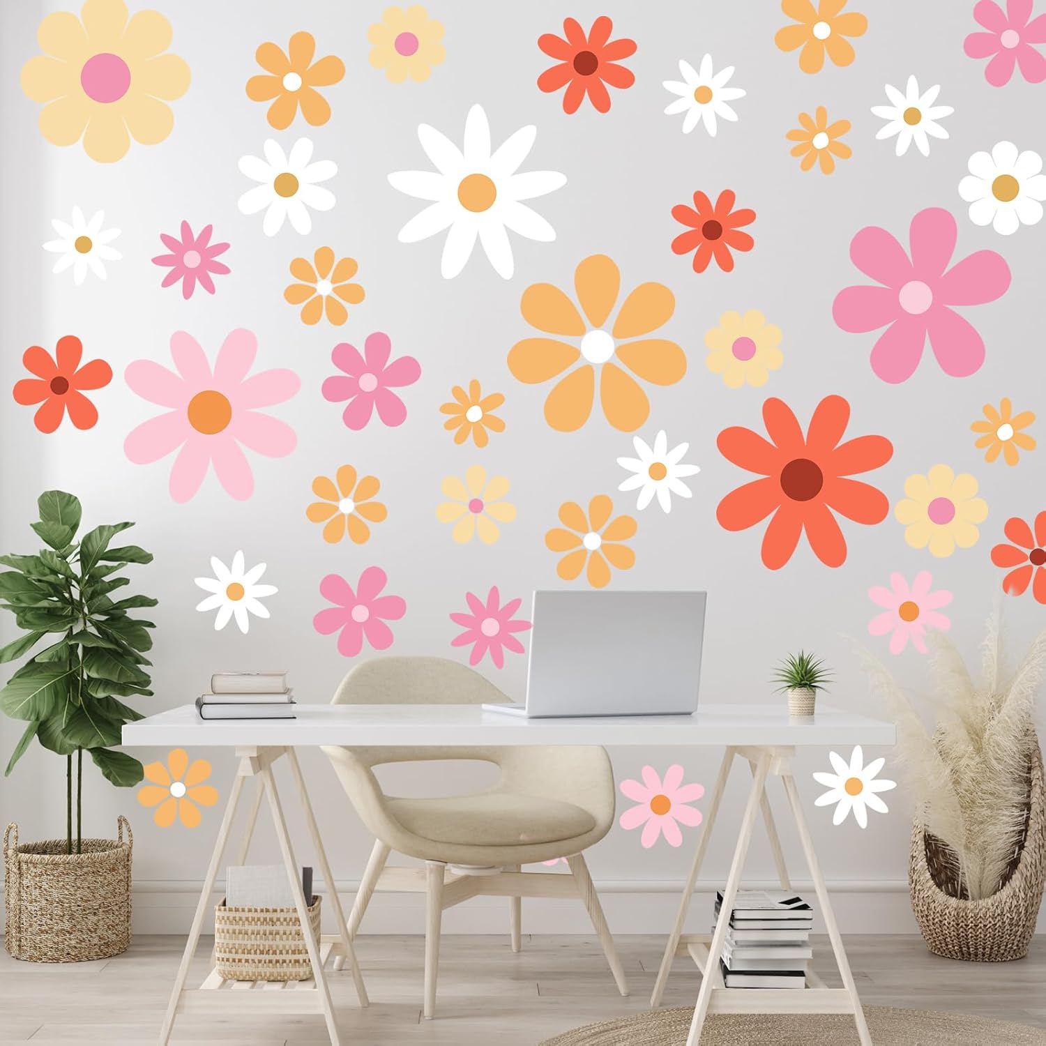 12 hojas de calcomanías de pared de margaritas blancas, calcomanías de pared de margaritas grandes, calcomanías florales para niños, niñas,