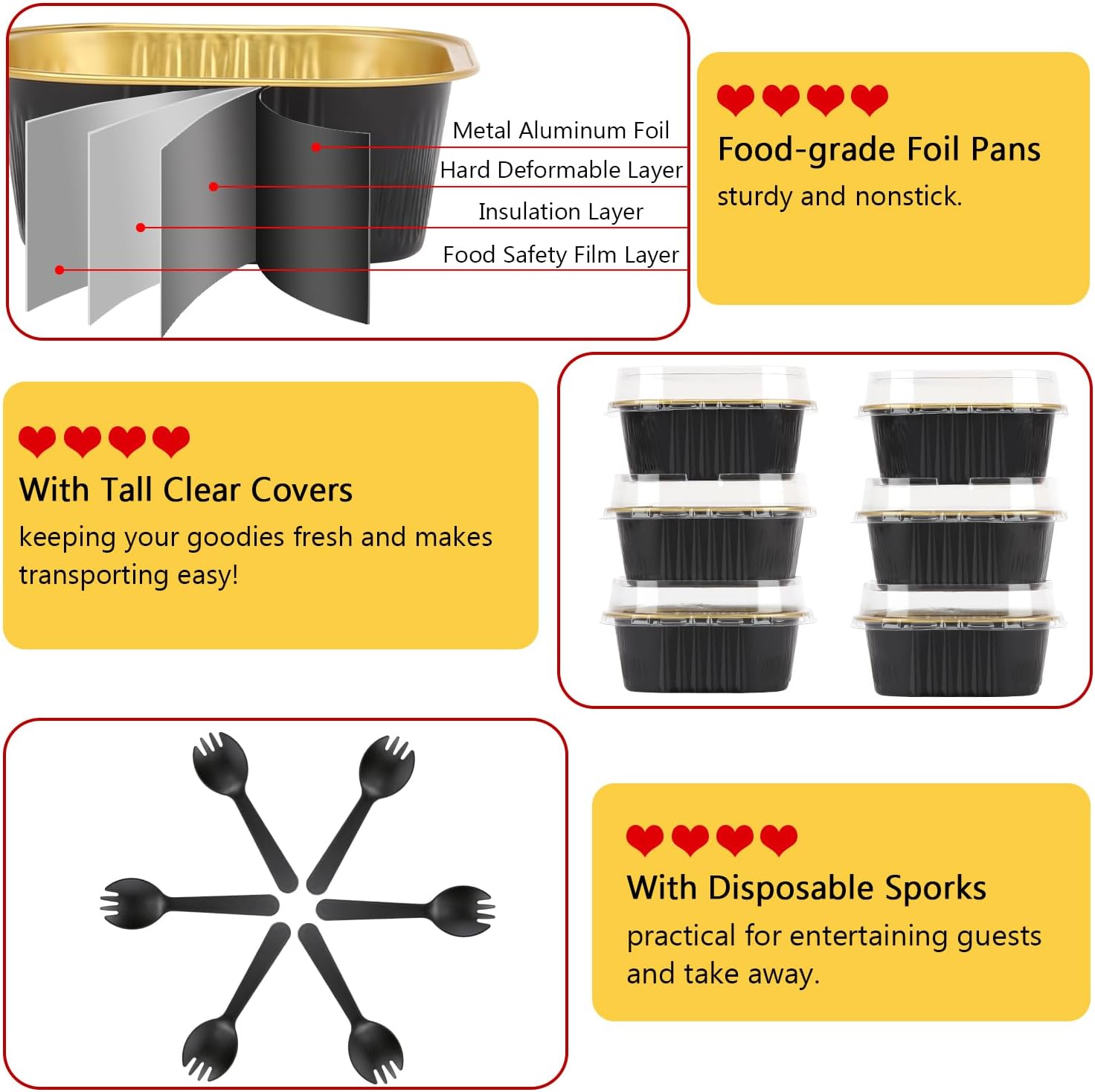 LNYZQUS Moldes para cupcakes de 5 onzas con tapas, paquete de 40 unidades, moldes de aluminio para hornear cupcakes, moldes para hornear brownie,